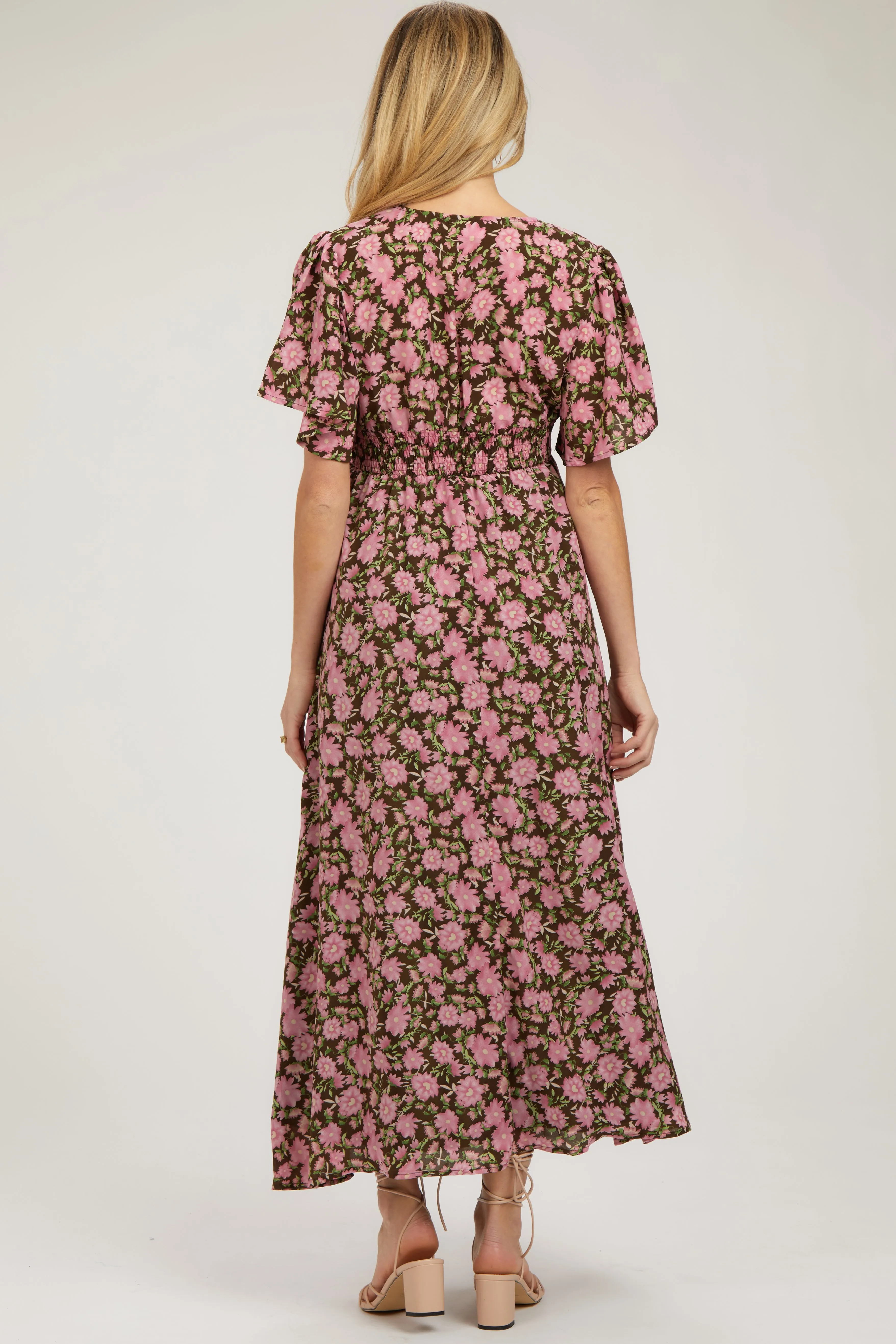 Brown Floral Smocked Waist Maternity Maxi Dress sold by Pinkblush product image thumbnail 4