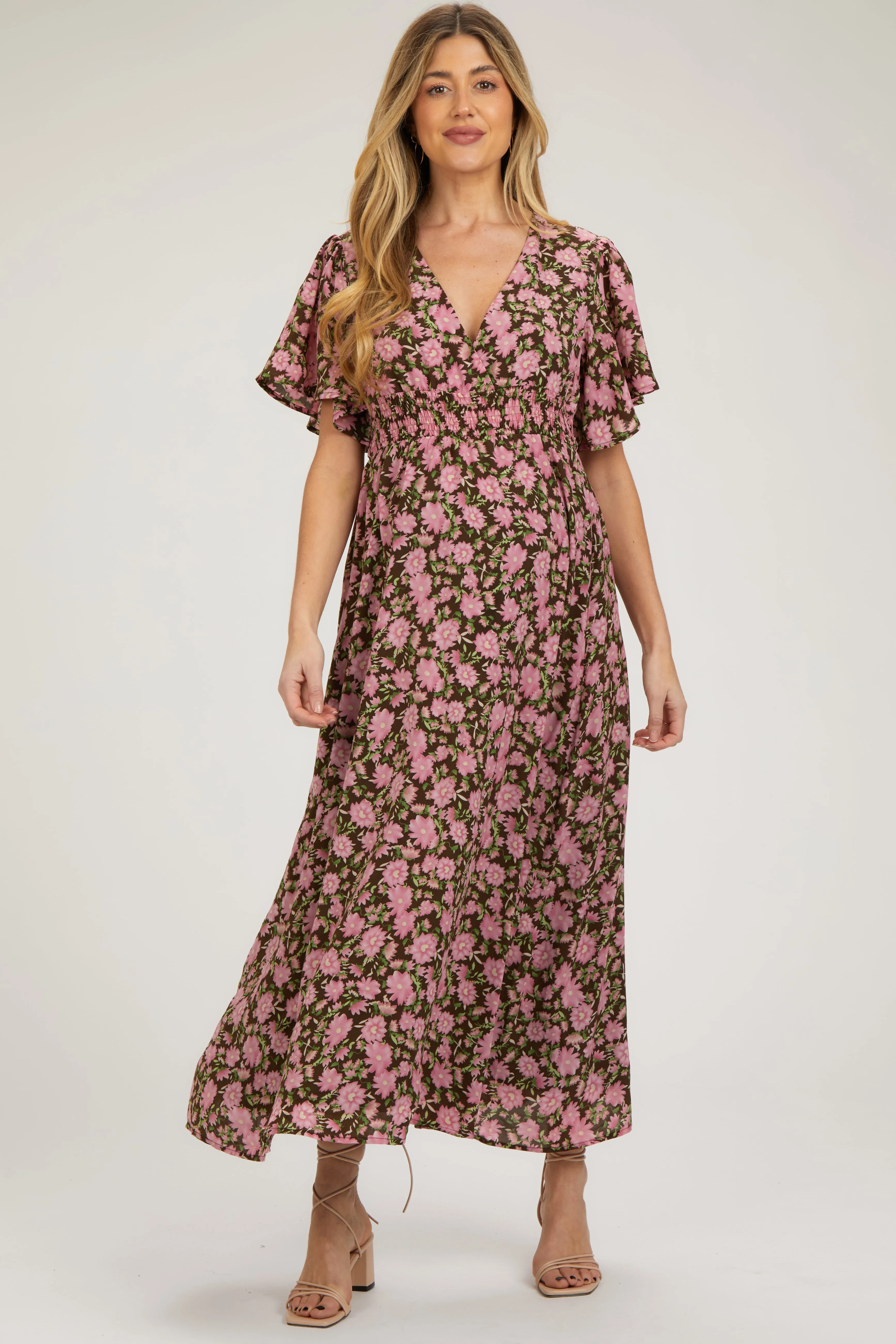 Brown Floral Smocked Waist Maternity Maxi Dress sold by Pinkblush