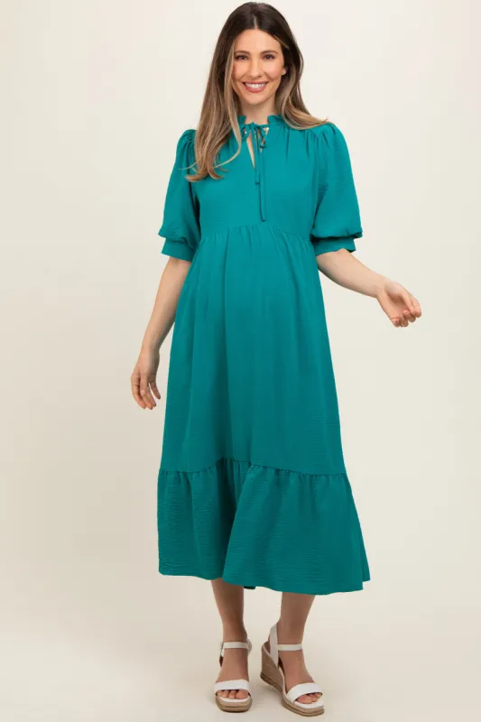 Jade Balloon Sleeve Split Neck Maternity Midi Dress sold by Pinkblush