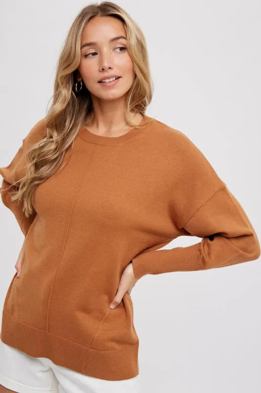 Camel Rib Knit Exposed Seam Sweater sold by Pinkblush