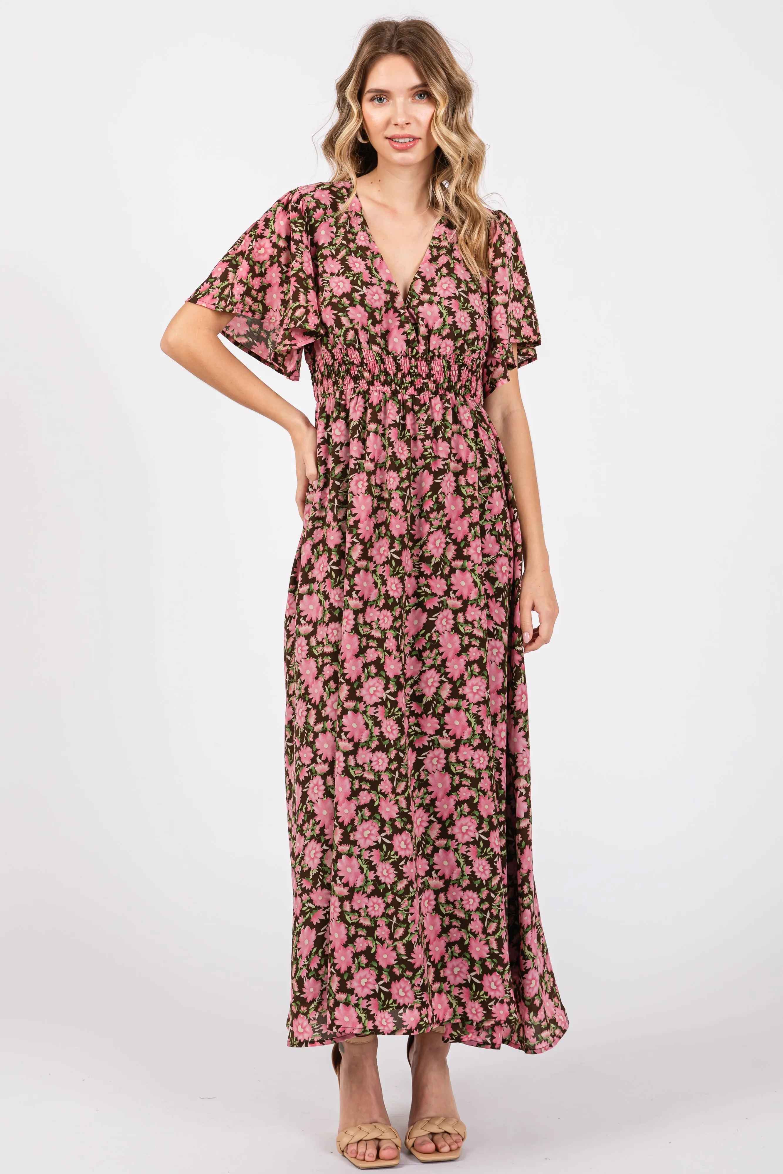 Brown Floral Smocked Waist Maternity Maxi Dress sold by Pinkblush product image thumbnail 5