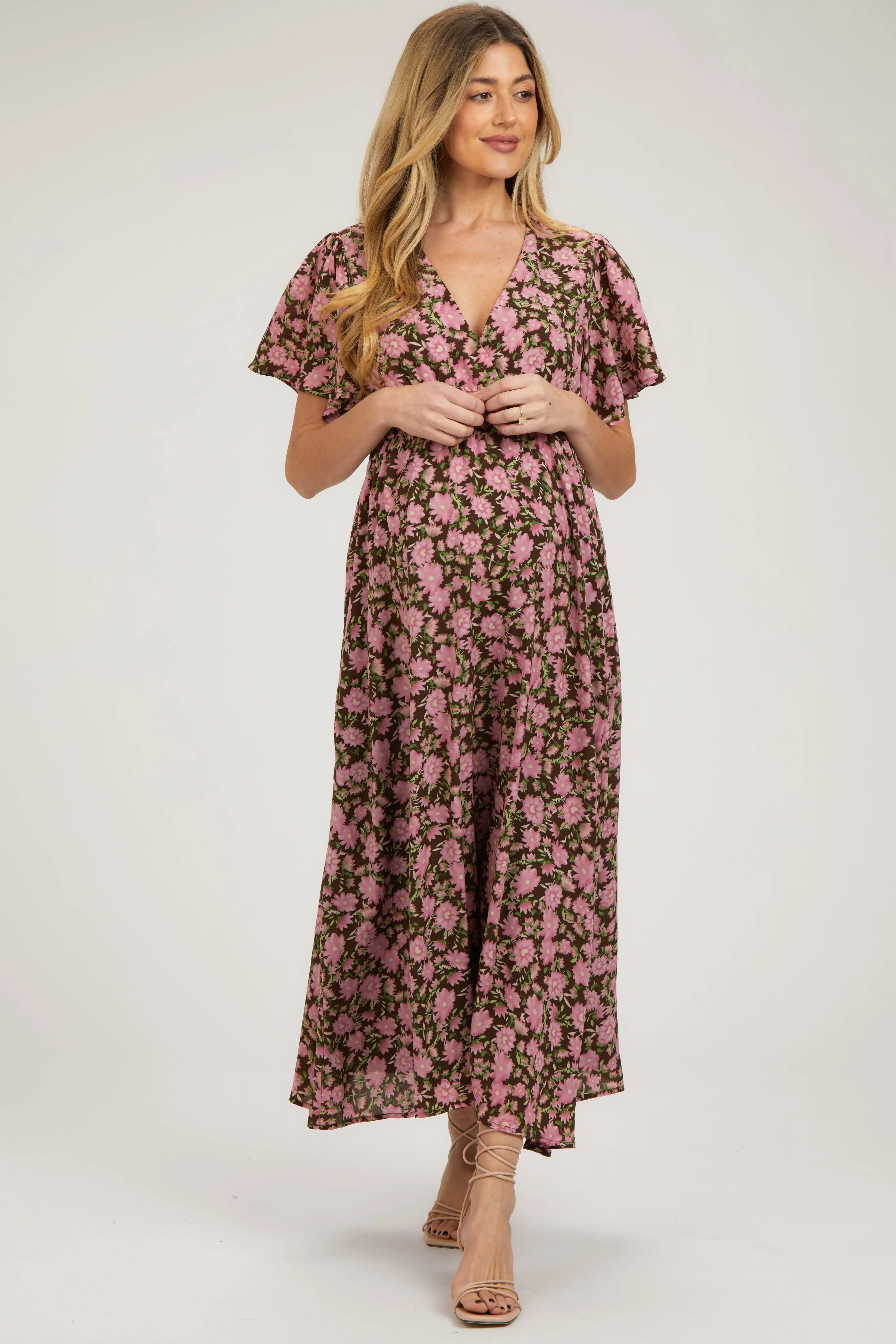 Brown Floral Smocked Waist Maternity Maxi Dress sold by Pinkblush product image thumbnail 2