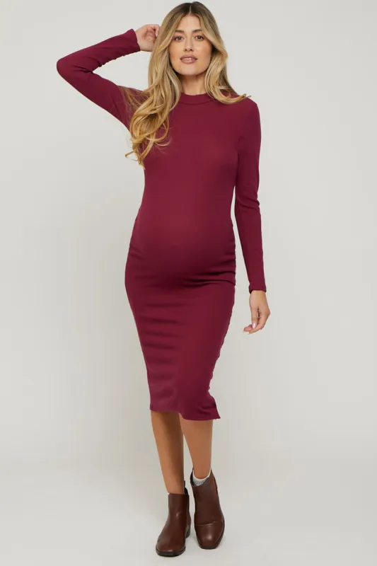 Burgundy Ribbed Mock Neck Button Side Slit Maternity Midi Dress sold by Pinkblush