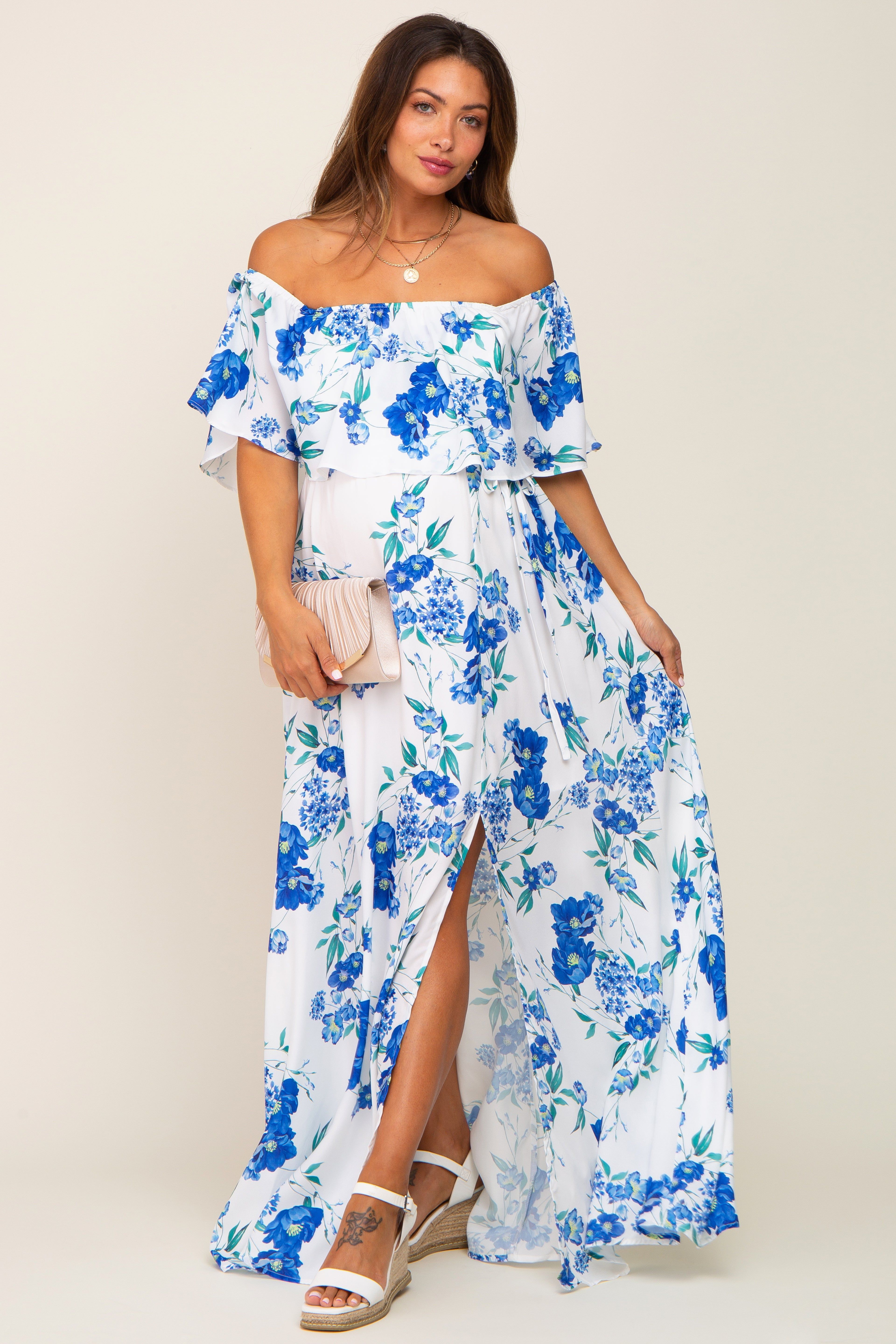 Blue Floral Overlay Off-Shoulder Side Slit Maternity Maxi Dress sold by Pinkblush product image thumbnail 5