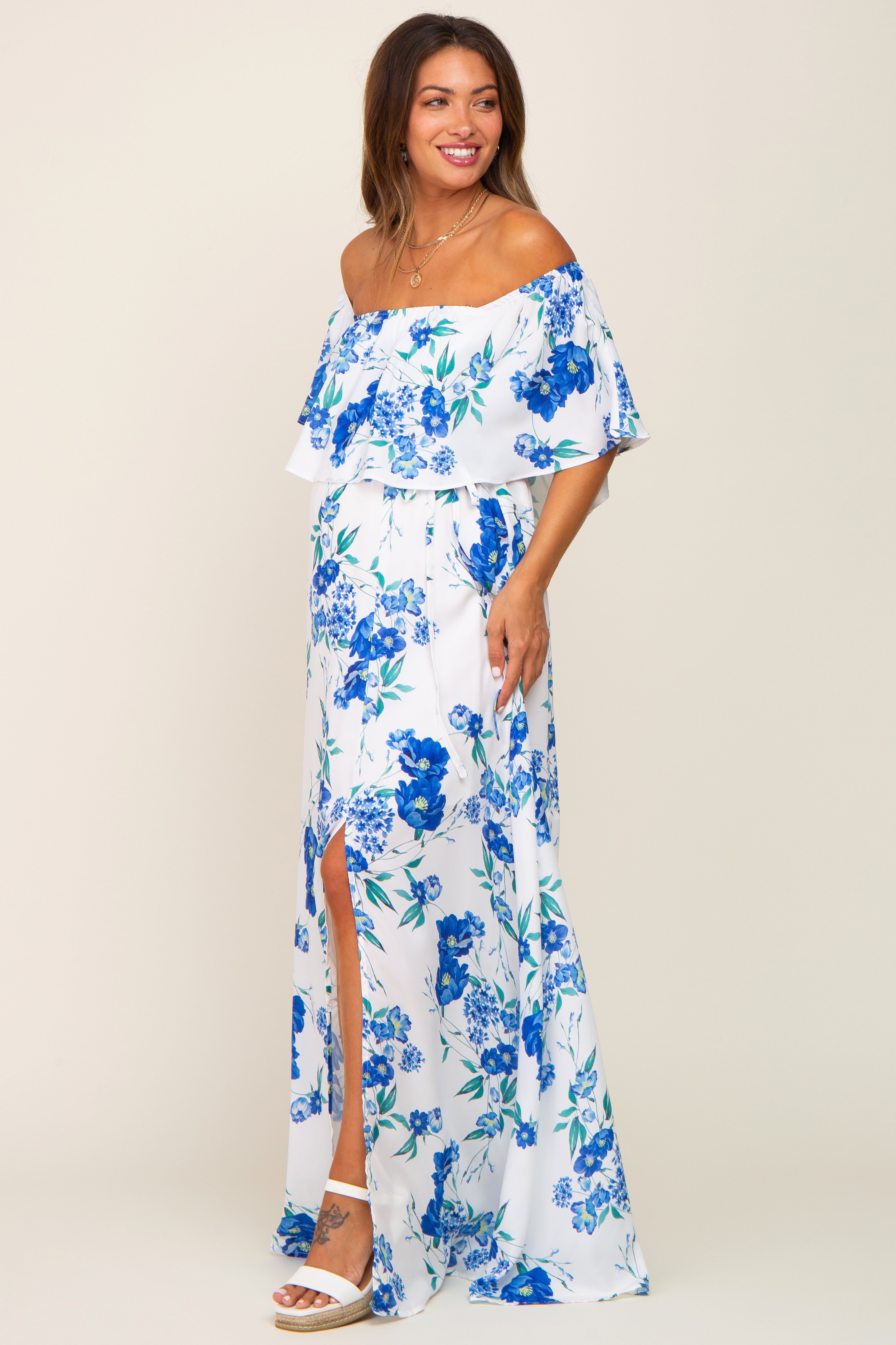 Blue Floral Overlay Off-Shoulder Side Slit Maternity Maxi Dress sold by Pinkblush product image thumbnail 2