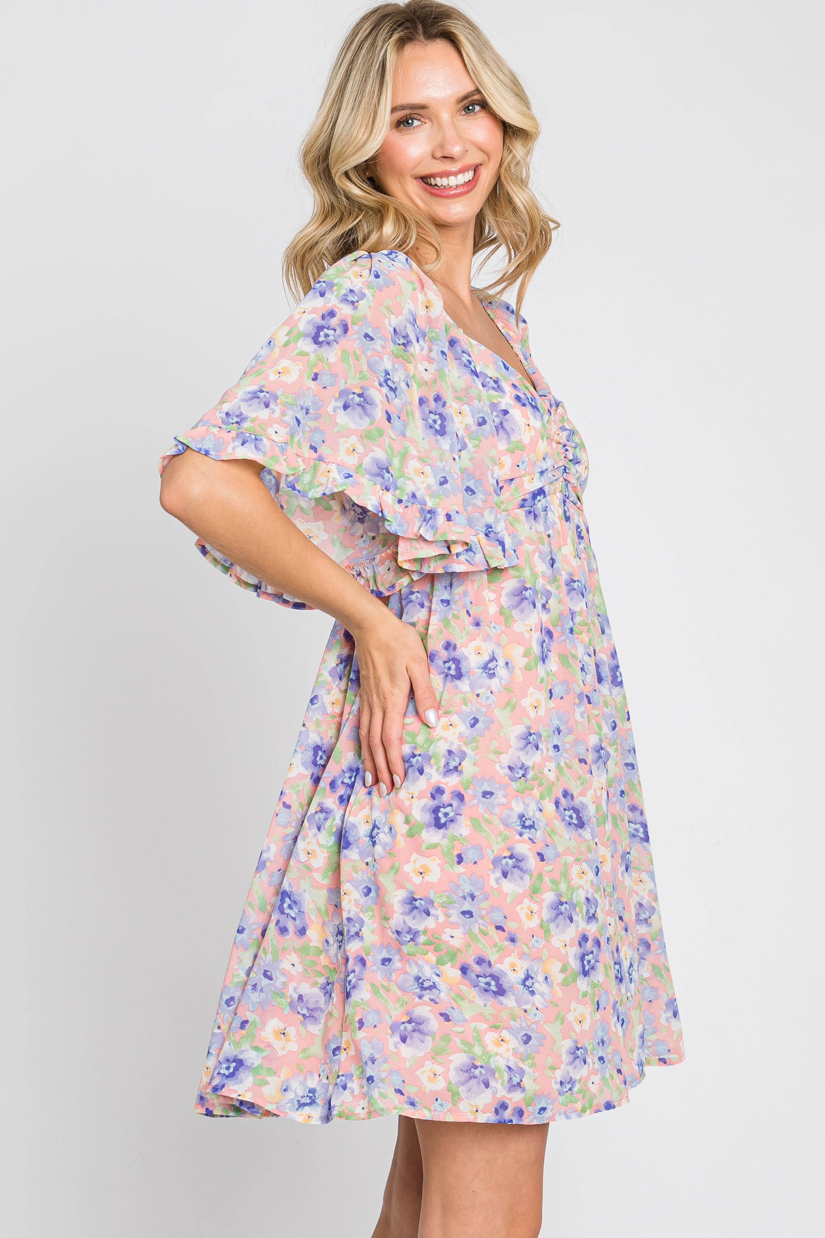 Peach Floral Chiffon Sweetheart Neck Short Ruffle Sleeve Dress sold by Pinkblush product image thumbnail 3