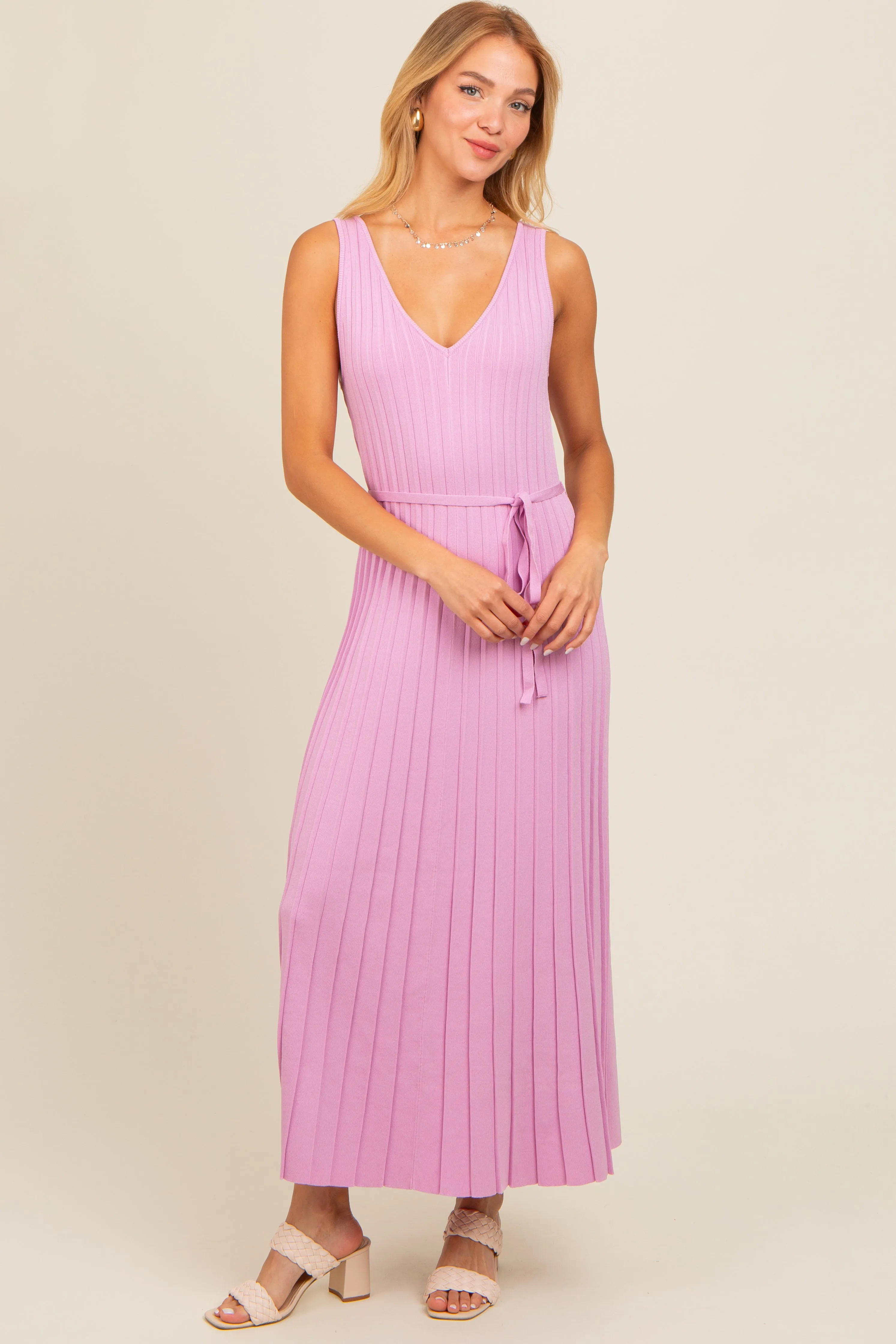 Pink Pleated V-Neck Waist Tie Sweater Maternity Maxi Dress sold by Pinkblush product image thumbnail 3