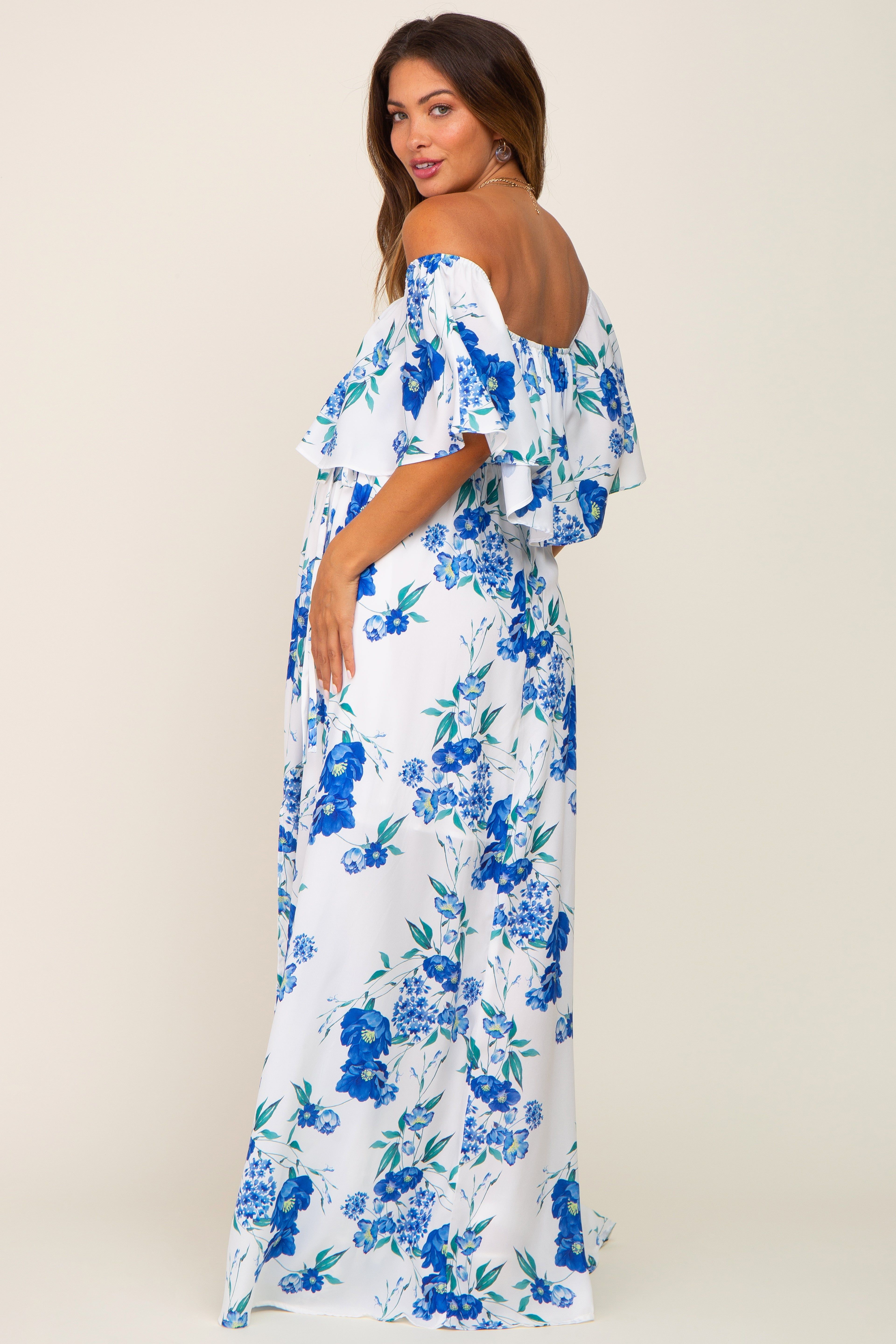 Blue Floral Overlay Off-Shoulder Side Slit Maternity Maxi Dress sold by Pinkblush product image thumbnail 3