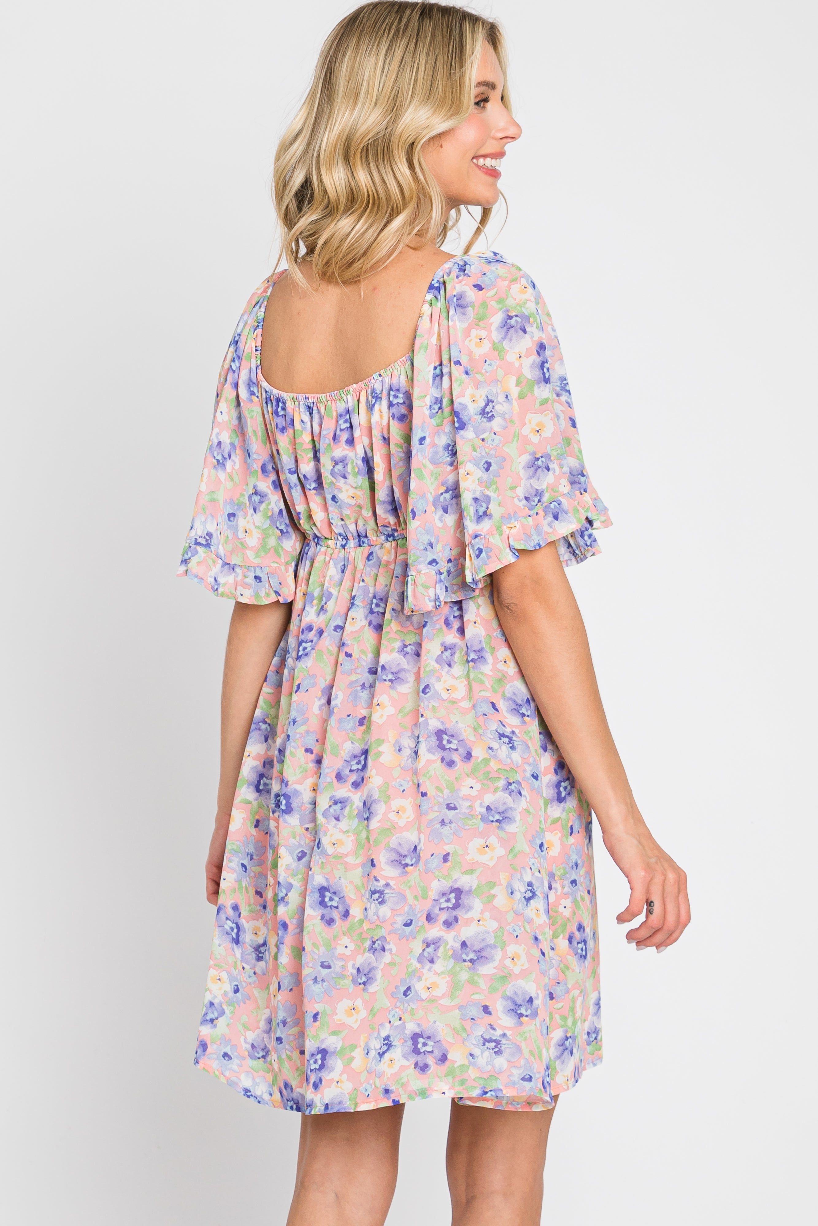 Peach Floral Chiffon Sweetheart Neck Short Ruffle Sleeve Dress sold by Pinkblush product image thumbnail 4