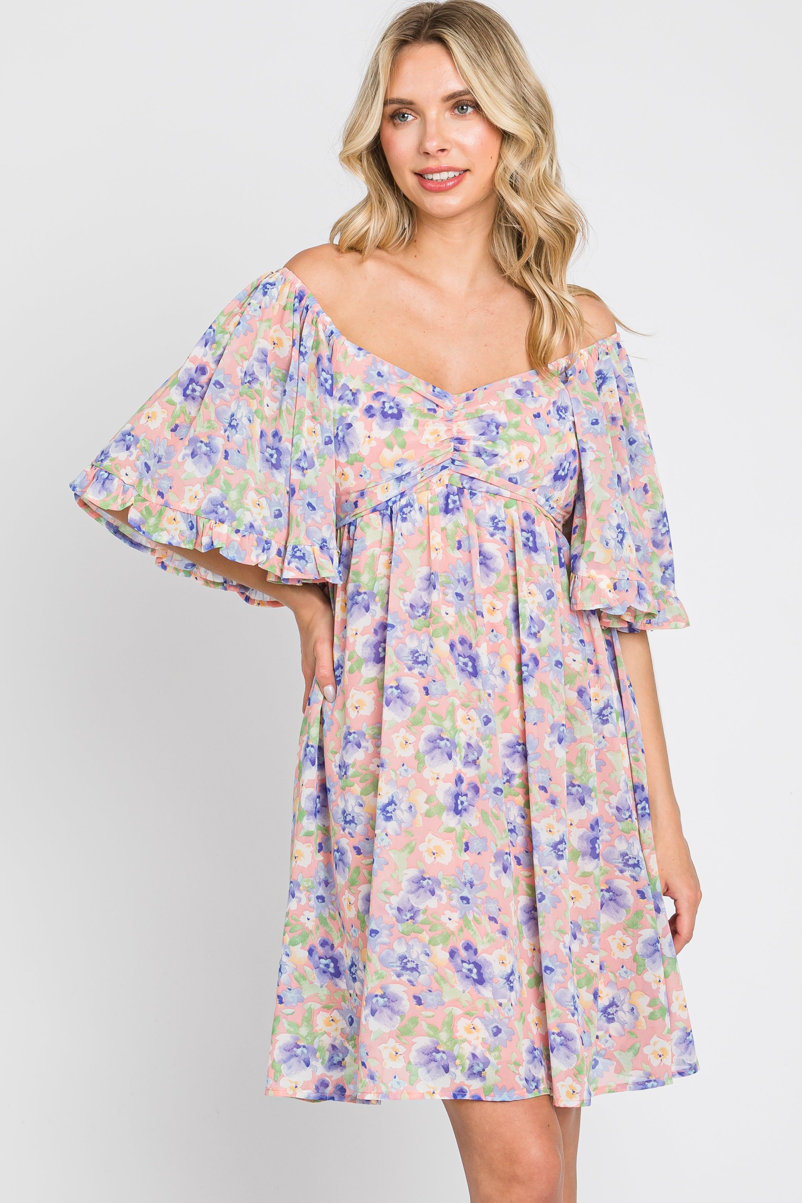Peach Floral Chiffon Sweetheart Neck Short Ruffle Sleeve Dress sold by Pinkblush