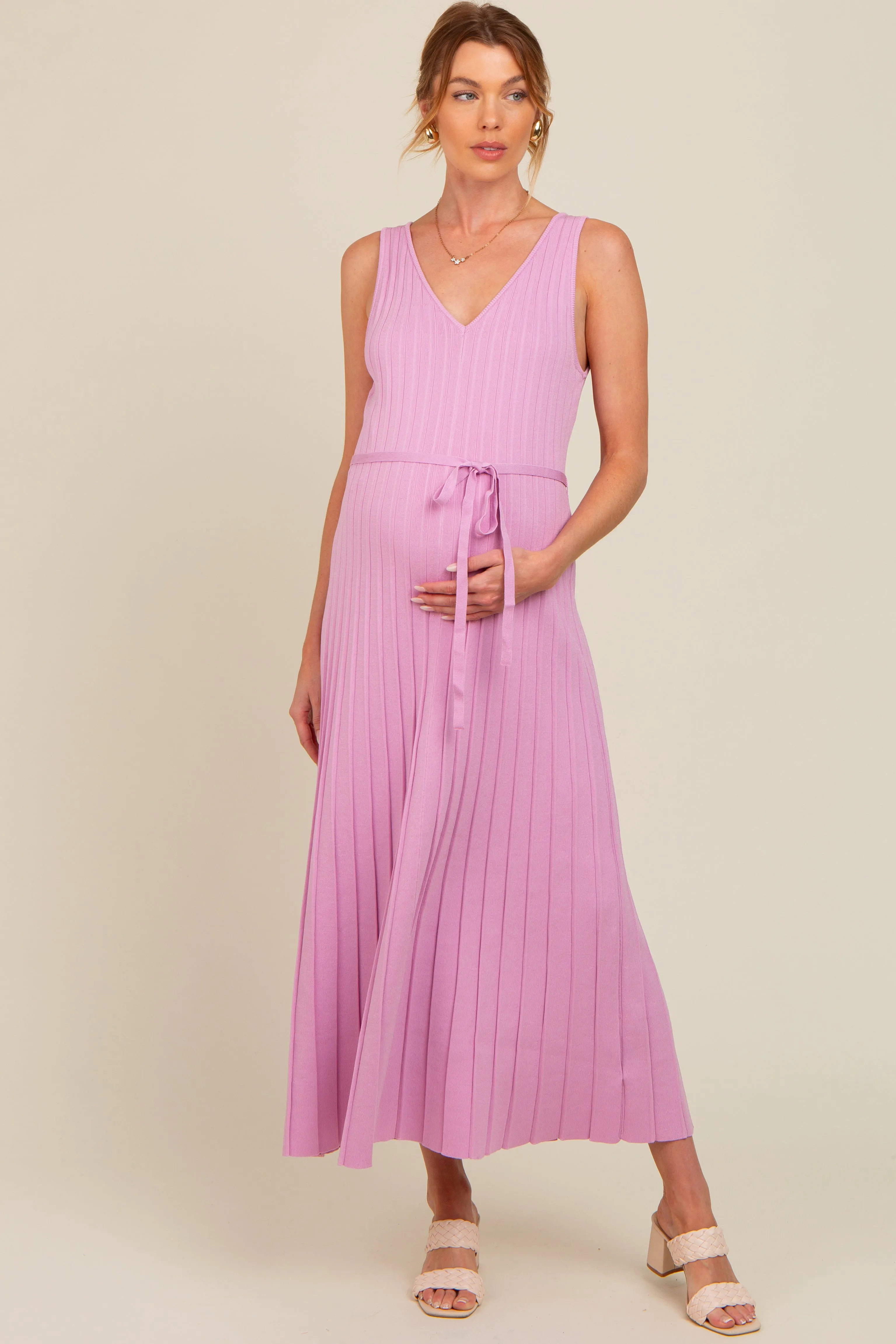 Pink Pleated V-Neck Waist Tie Sweater Maternity Maxi Dress sold by Pinkblush
