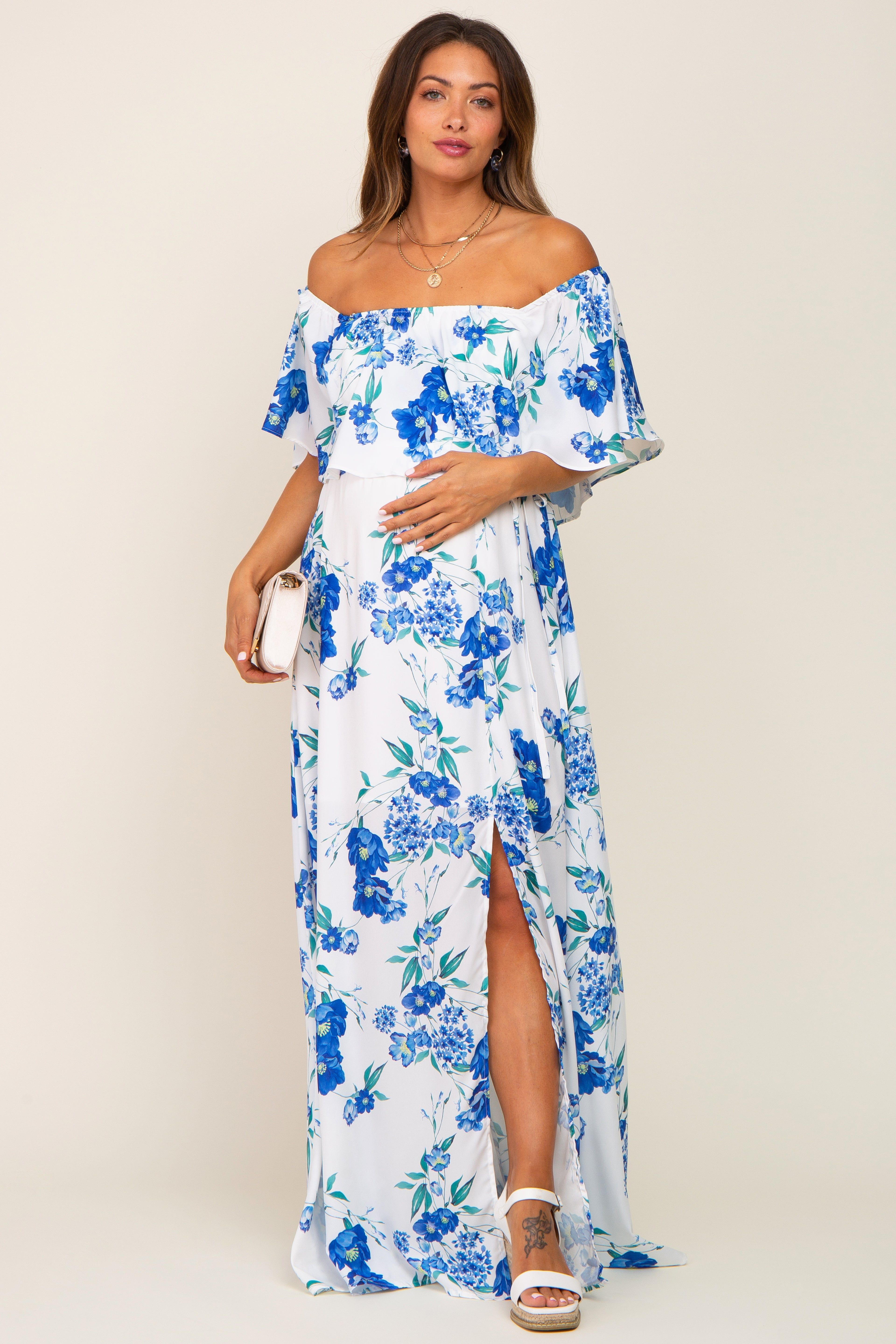 Blue Floral Overlay Off-Shoulder Side Slit Maternity Maxi Dress sold by Pinkblush product image thumbnail 4