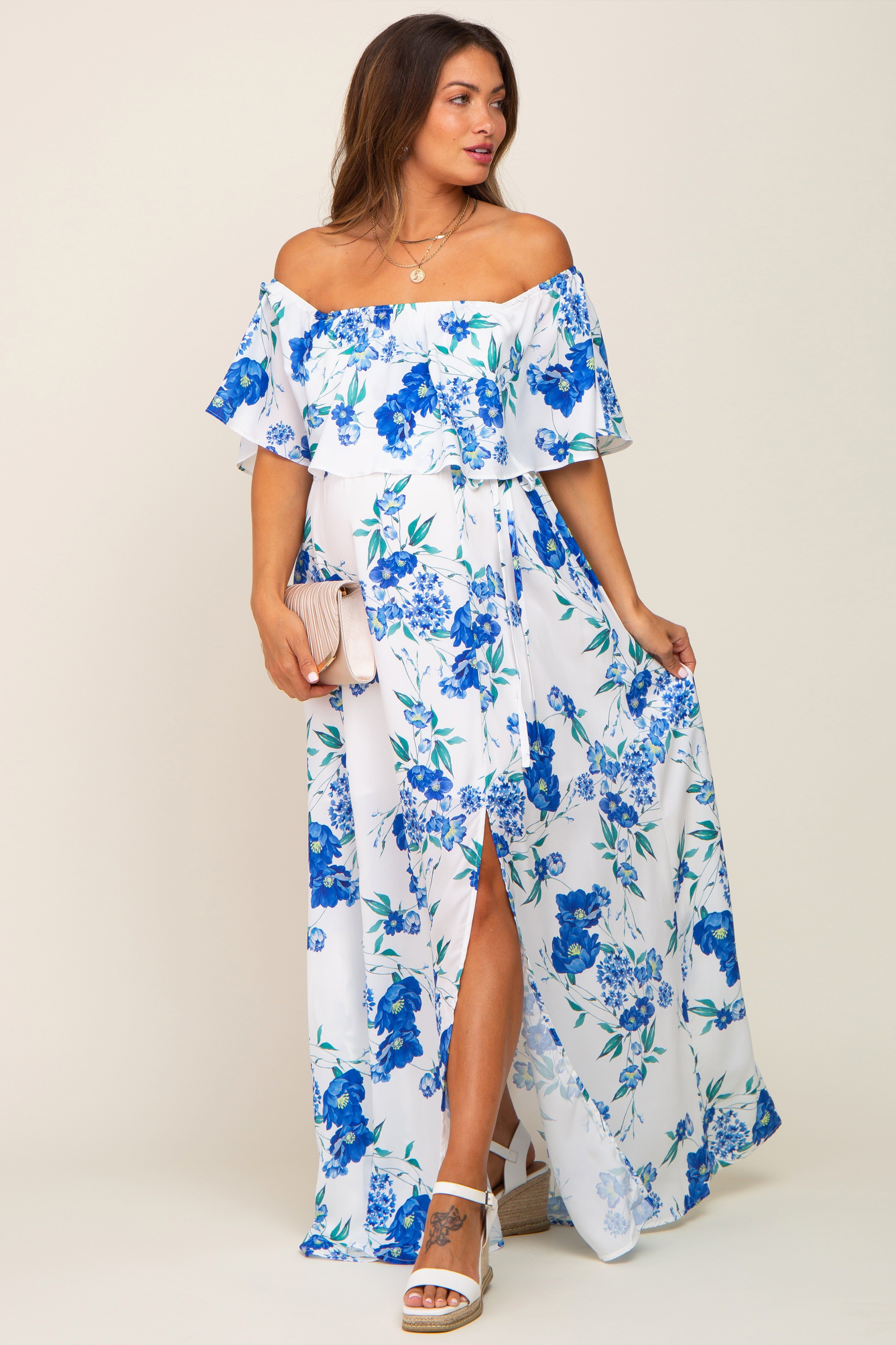 Blue Floral Overlay Off-Shoulder Side Slit Maternity Maxi Dress sold by Pinkblush