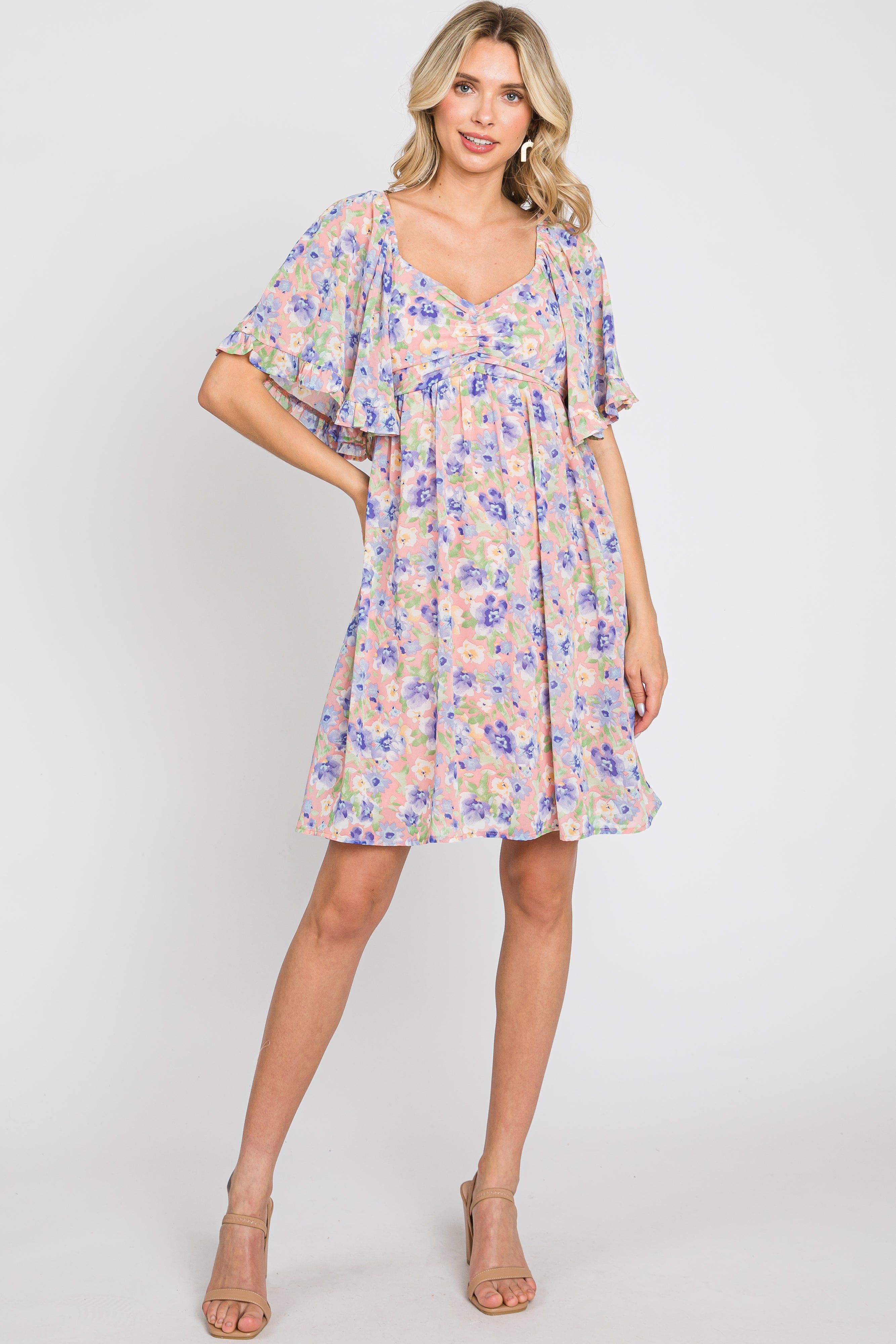 Peach Floral Chiffon Sweetheart Neck Short Ruffle Sleeve Dress sold by Pinkblush product image thumbnail 2