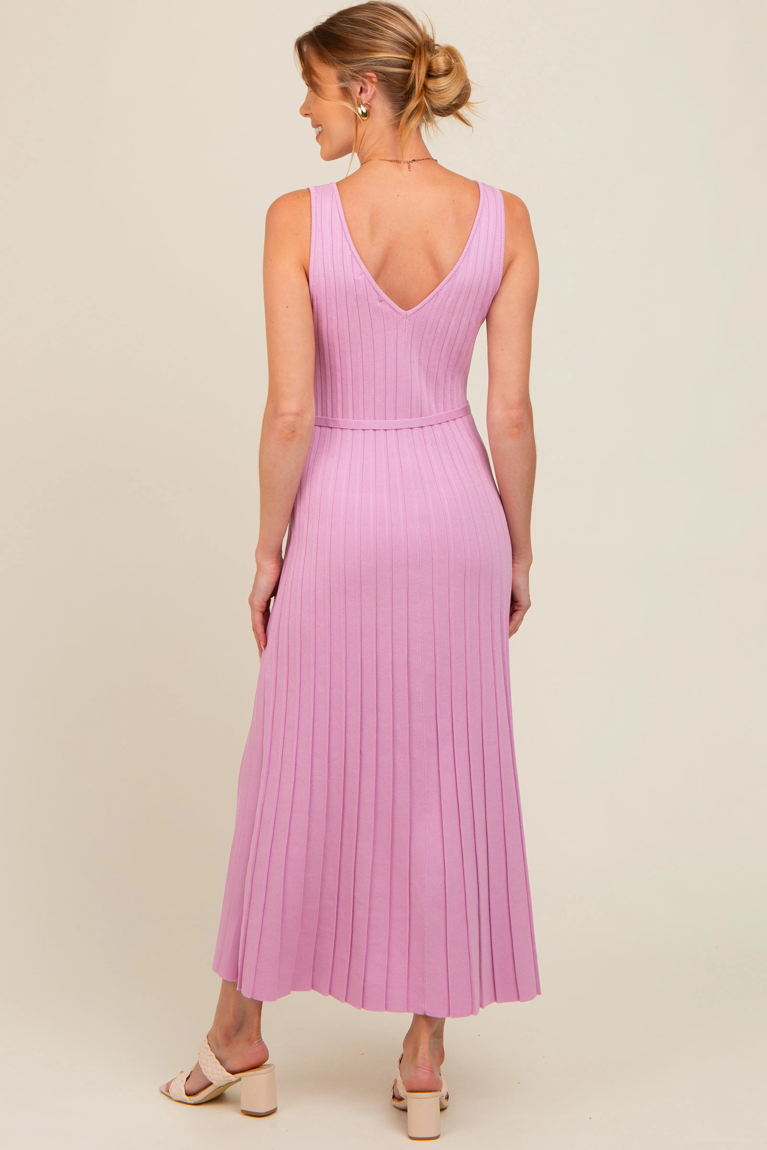 Pink Pleated V-Neck Waist Tie Sweater Maternity Maxi Dress sold by Pinkblush product image thumbnail 2