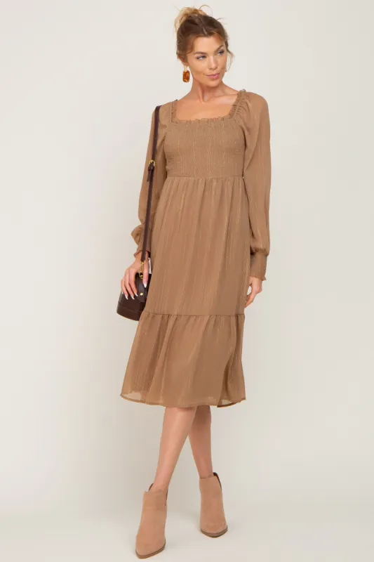 Mocha Shimmer Smocked Long Sleeve Dress sold by Pinkblush