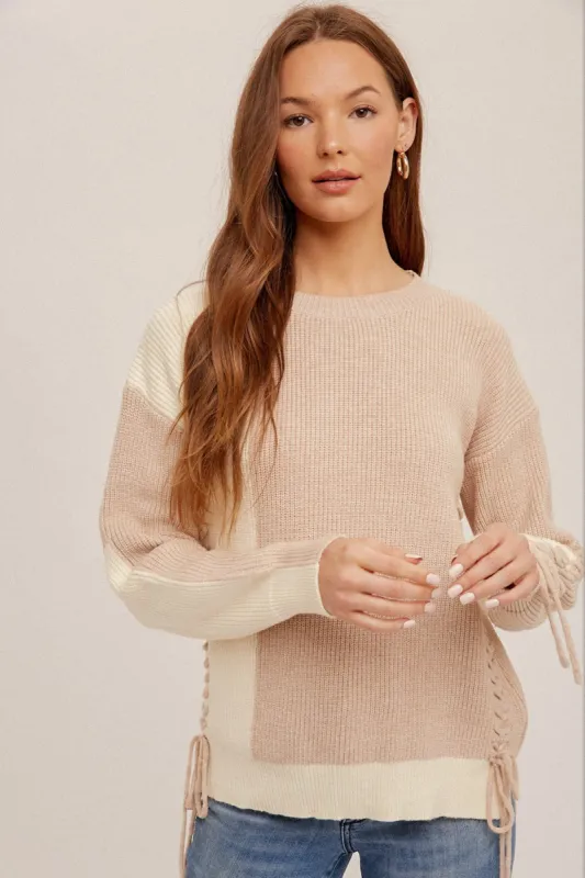 Taupe Color Block Sweater With Lace-Up Detail sold by Pinkblush