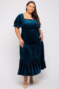 Teal Velvet Tiered Plus Midi Dress sold by Pinkblush