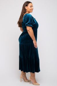 Teal Velvet Tiered Plus Midi Dress sold by Pinkblush