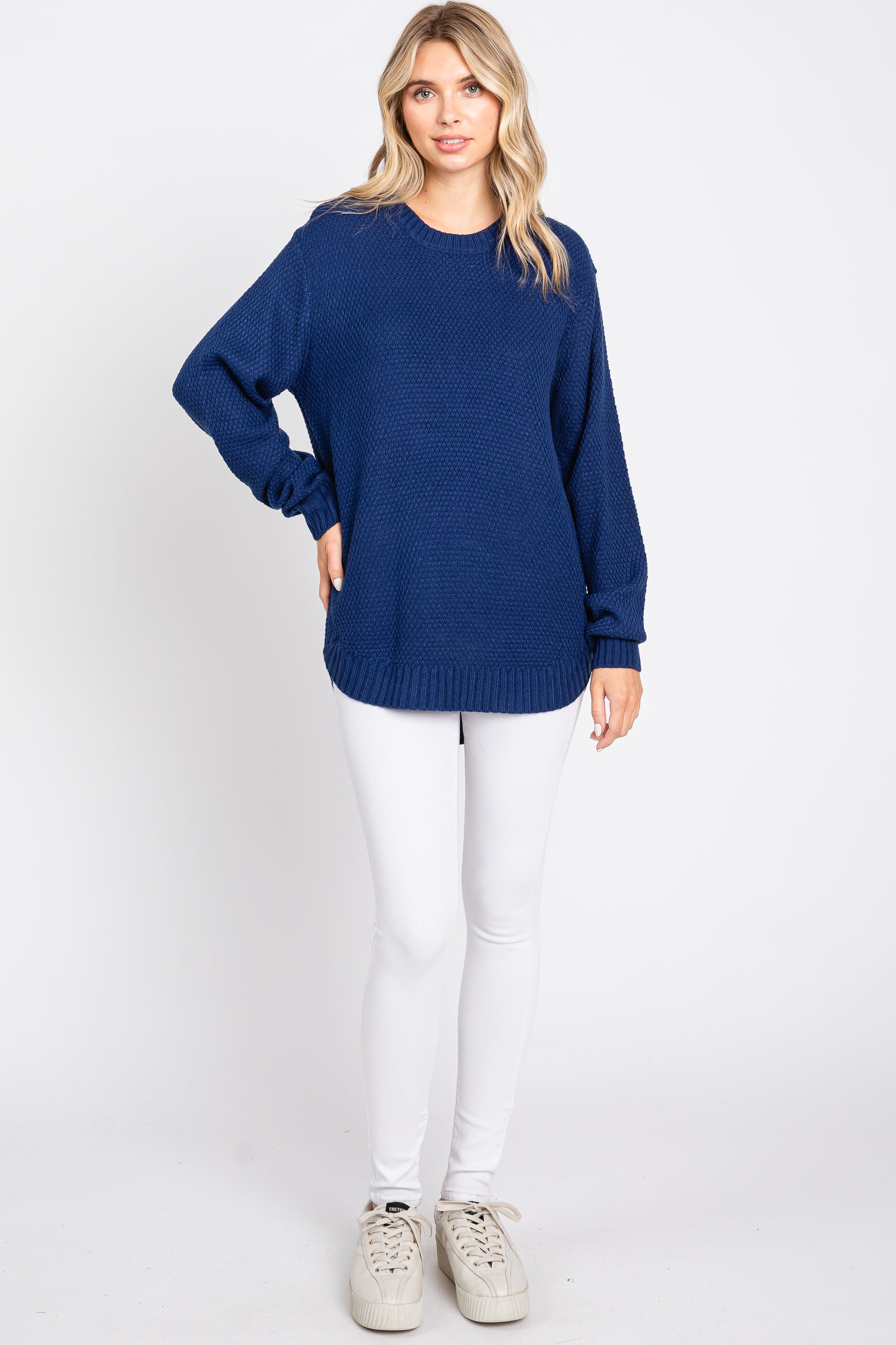 Navy Blue Waffle Knit Round Hem Sweater sold by Pinkblush product image thumbnail 5