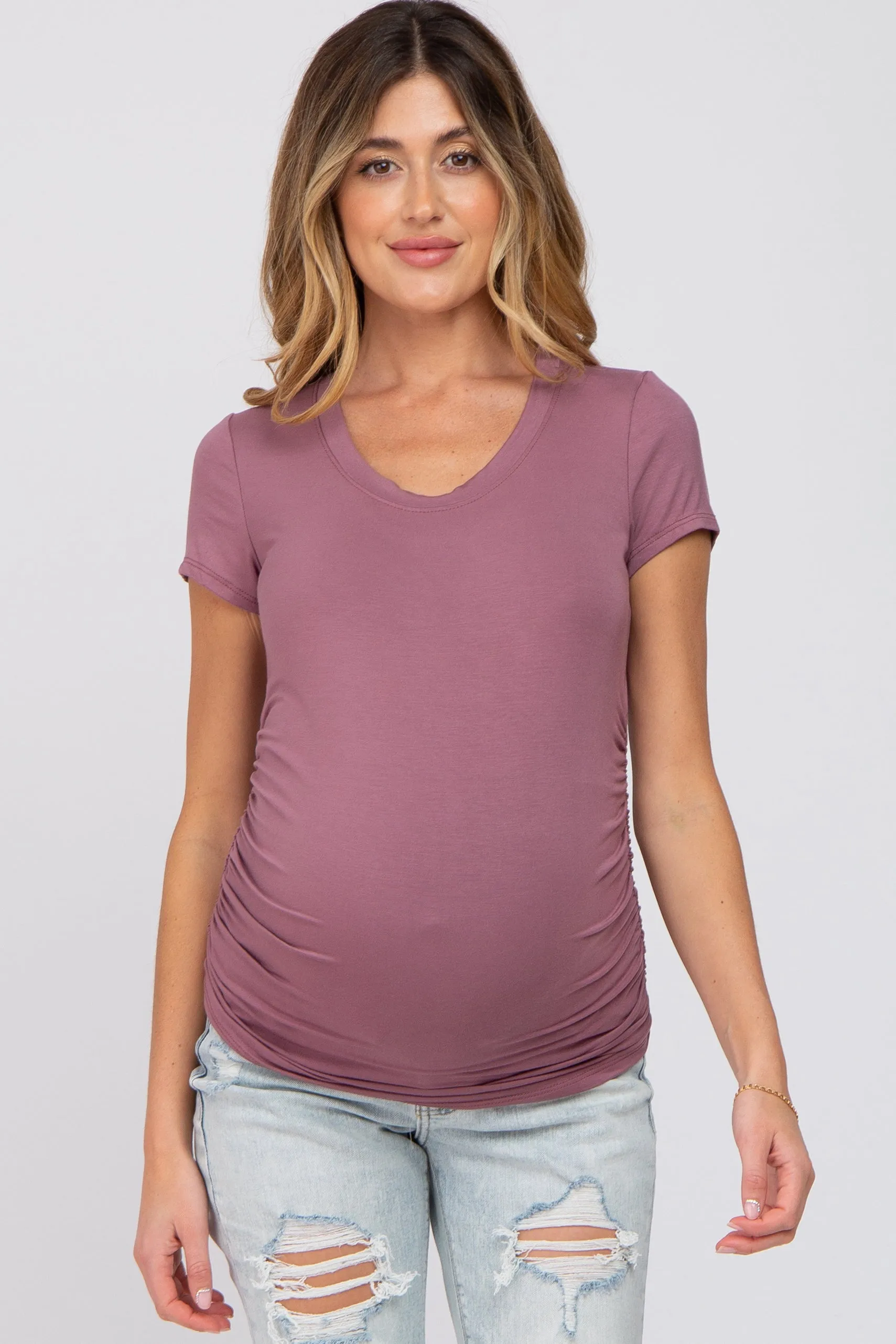 Dark Mauve Basic Short Sleeve Maternity Fitted Top sold by Pinkblush