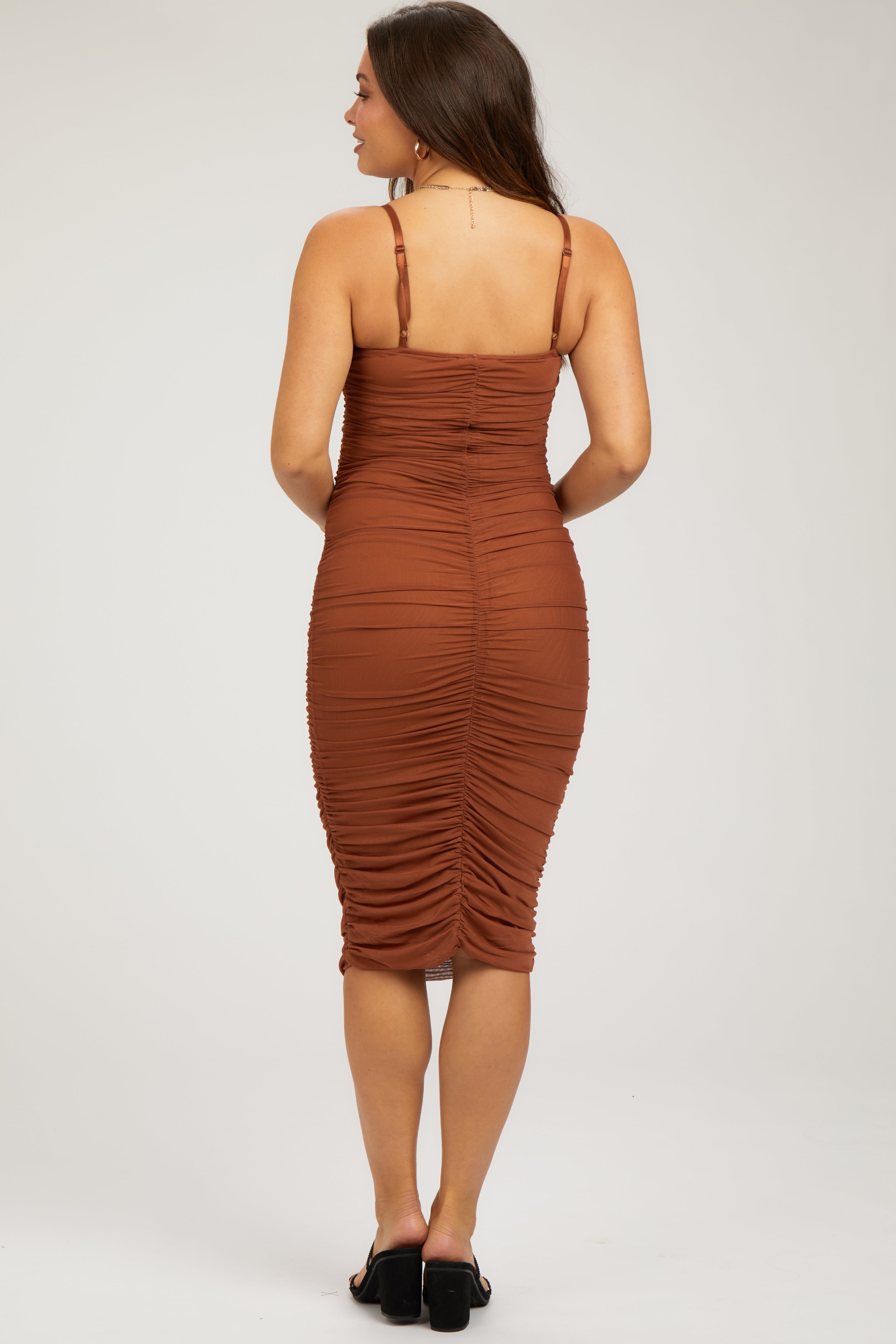 Rust Ruched Mesh Square Neck Maternity Midi Dress sold by Pinkblush product image thumbnail 3