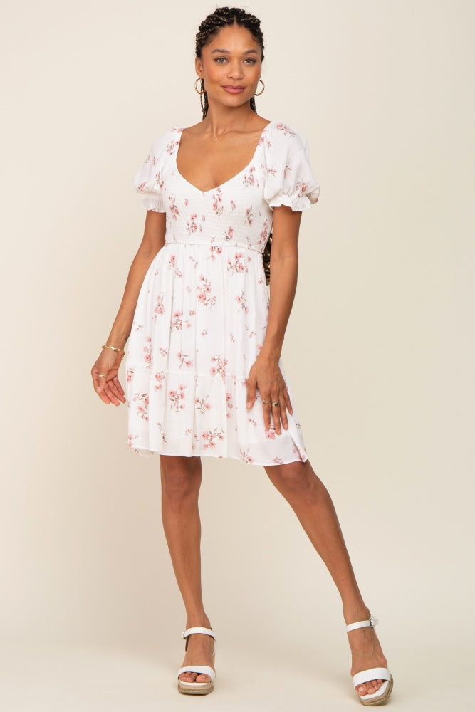 White Floral Smocked Short Puff Sleeve Dress sold by Pinkblush product image thumbnail 4