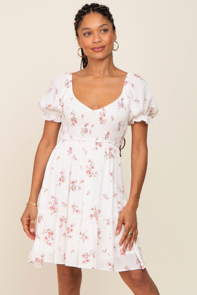 White Floral Smocked Short Puff Sleeve Dress sold by Pinkblush
