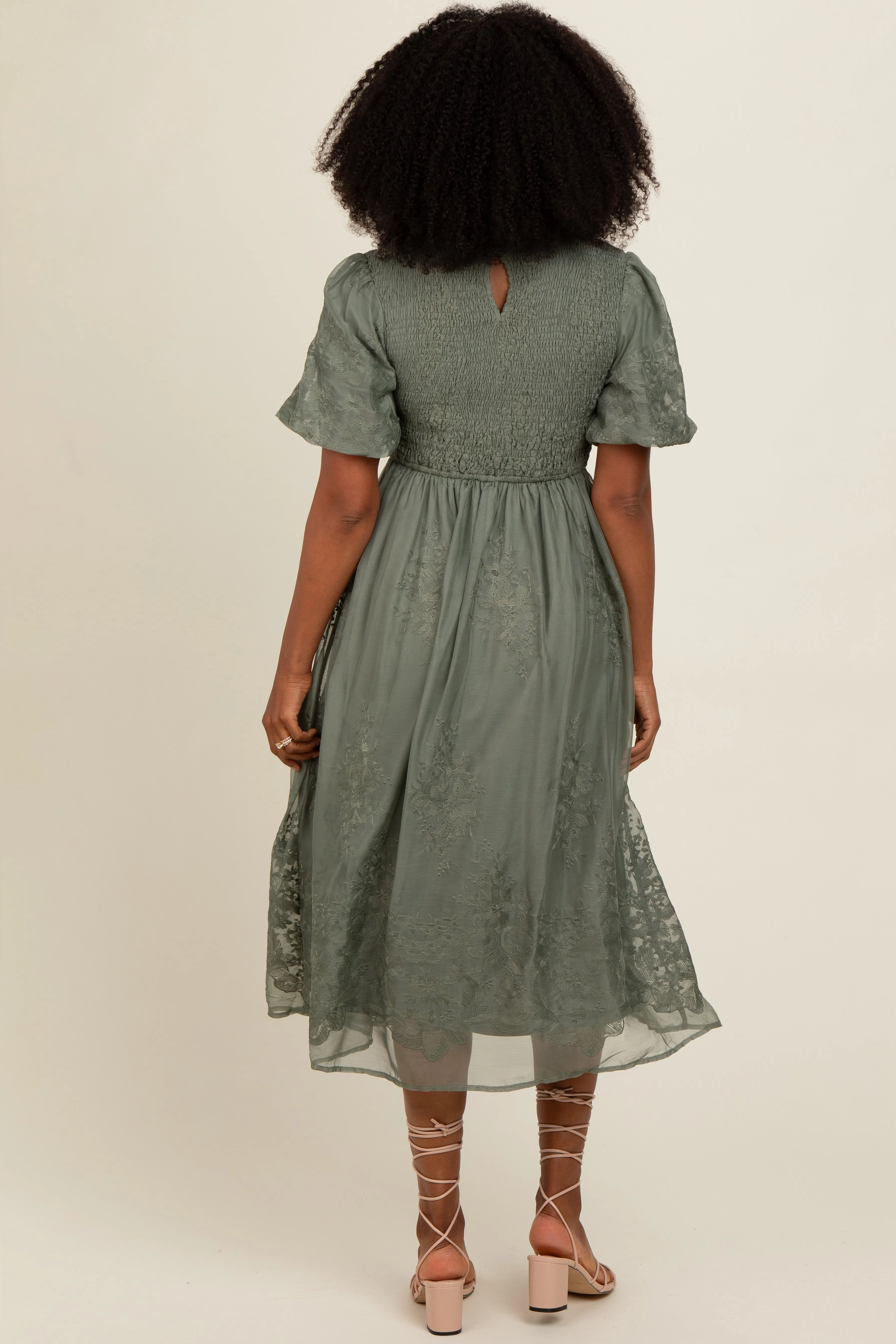 Olive Floral Lace Smocked Midi Dress sold by Pinkblush product image thumbnail 4
