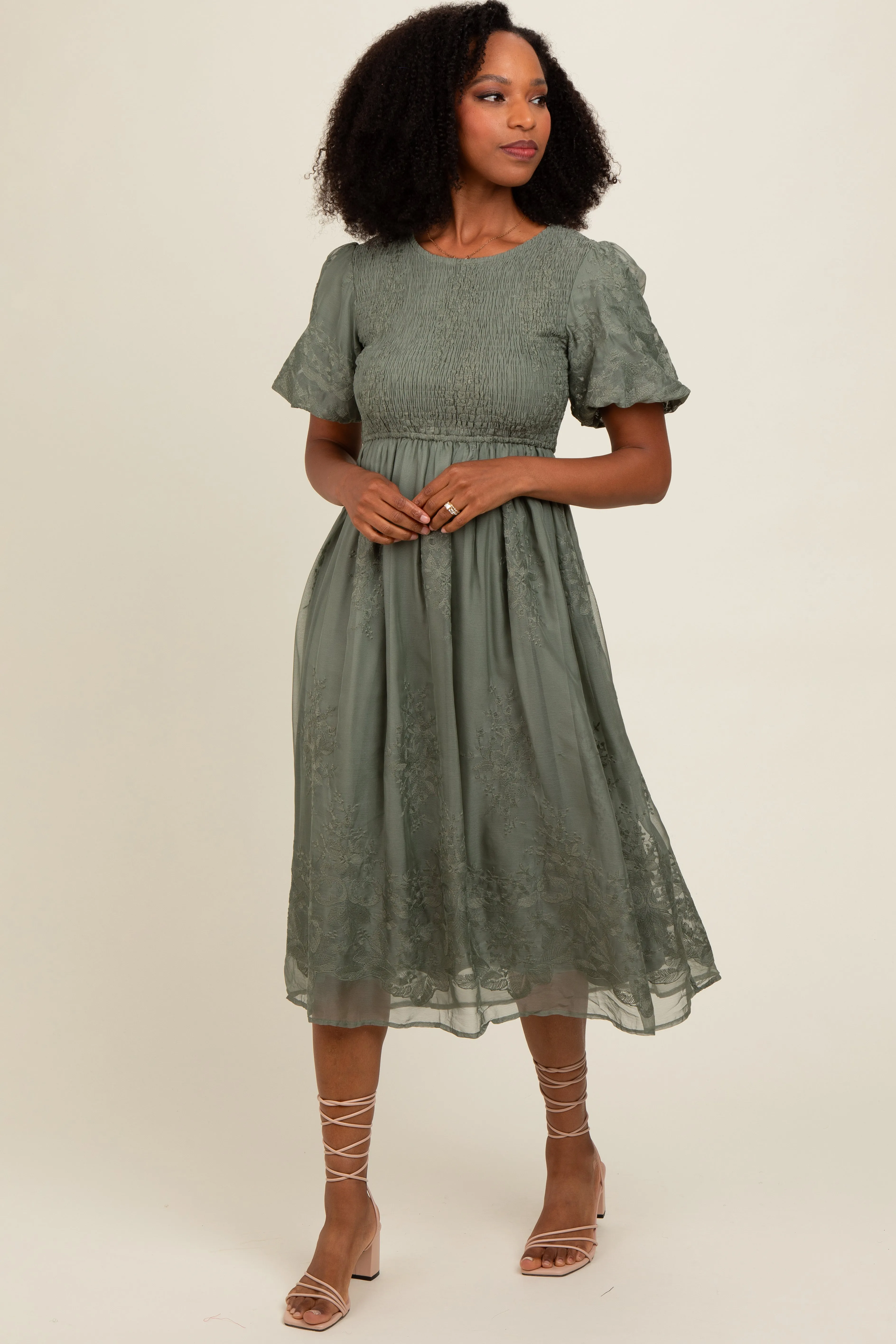 Olive Floral Lace Smocked Midi Dress sold by Pinkblush