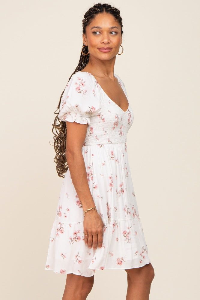 White Floral Smocked Short Puff Sleeve Dress sold by Pinkblush product image thumbnail 2