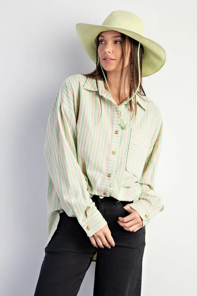 Sage Sand Stripe Button Down Soft Washed Shirt sold by Pinkblush