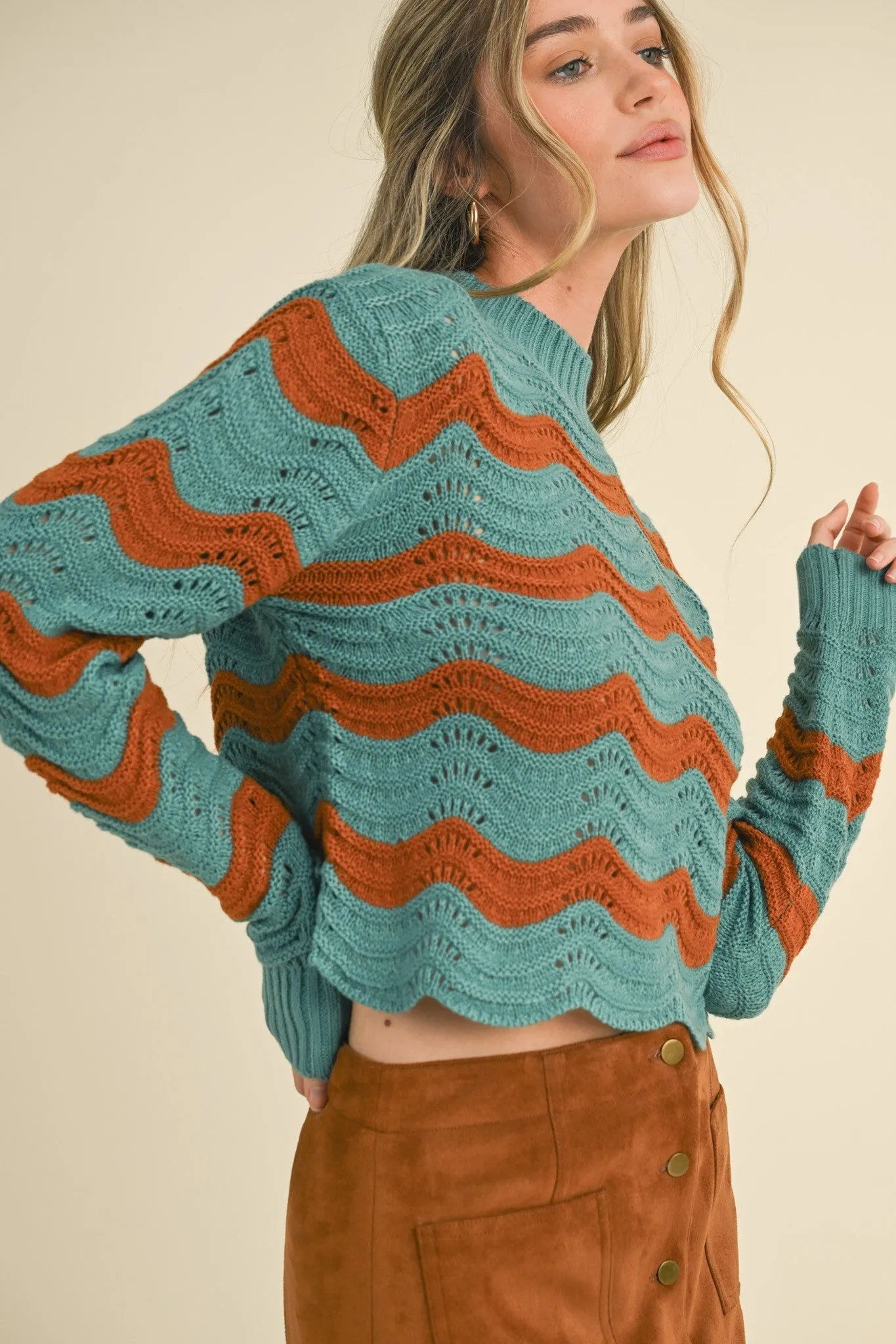 Bright Teal Brick Wave Pattern Pointelle Sweater sold by Pinkblush product image thumbnail 4
