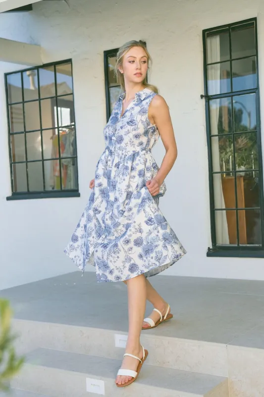 Blue Floral Printed Sleeveless Midi Shirt Dress sold by Pinkblush