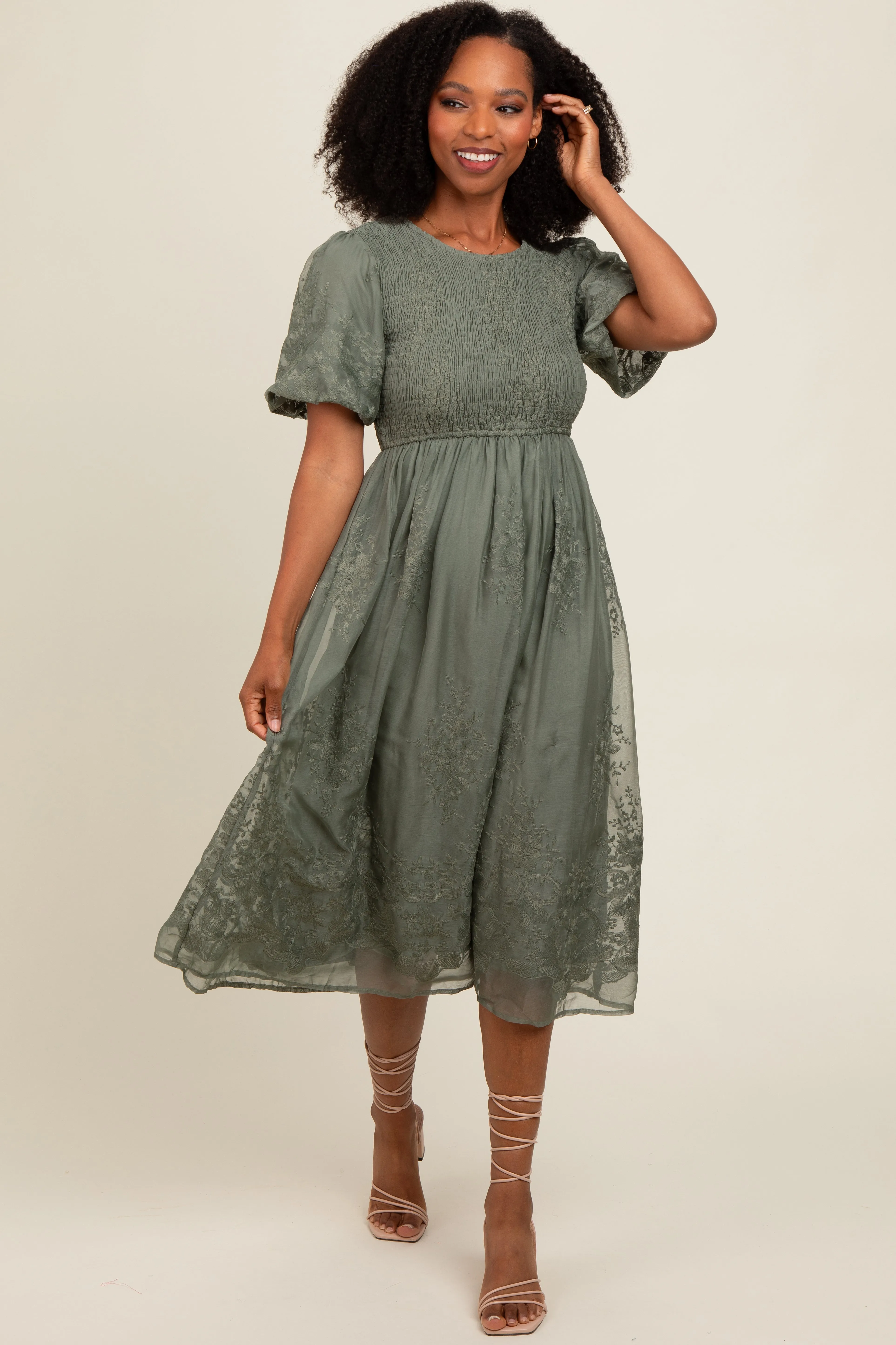 Olive Floral Lace Smocked Midi Dress sold by Pinkblush product image thumbnail 2