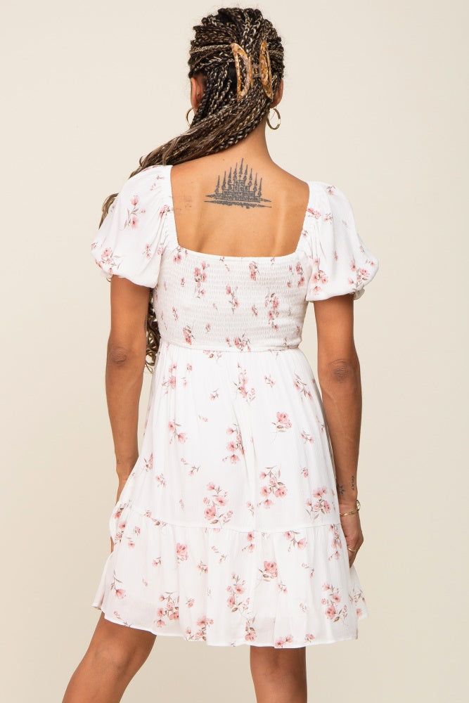 White Floral Smocked Short Puff Sleeve Dress sold by Pinkblush product image thumbnail 3