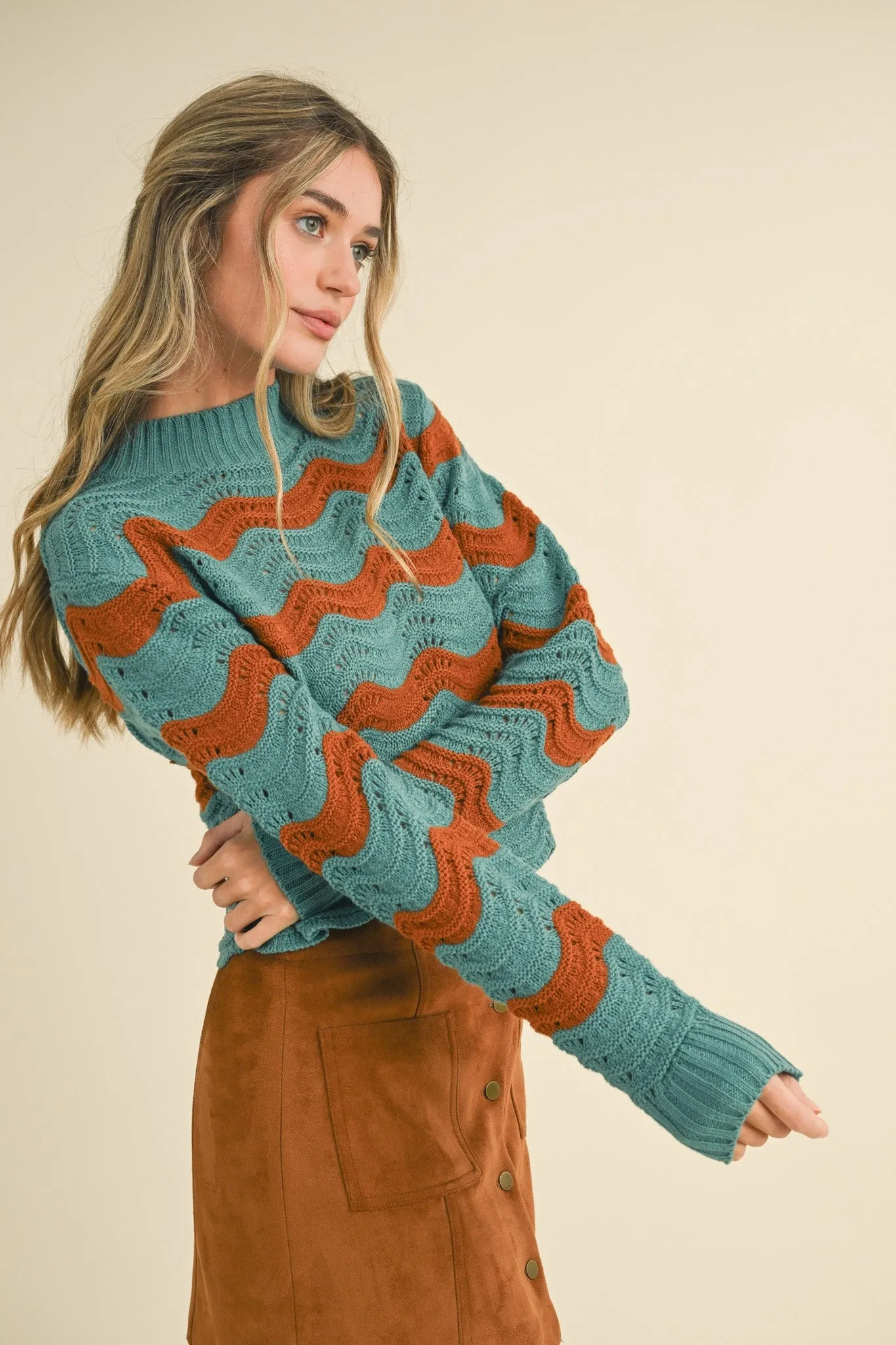 Bright Teal Brick Wave Pattern Pointelle Sweater sold by Pinkblush product image thumbnail 5