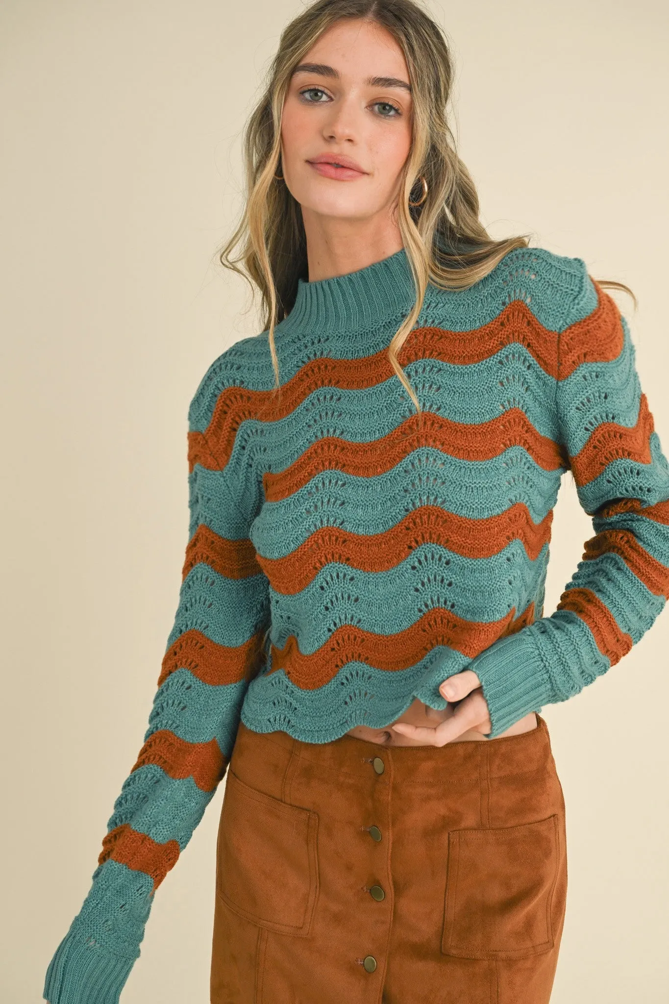 Bright Teal Brick Wave Pattern Pointelle Sweater sold by Pinkblush product image thumbnail 2