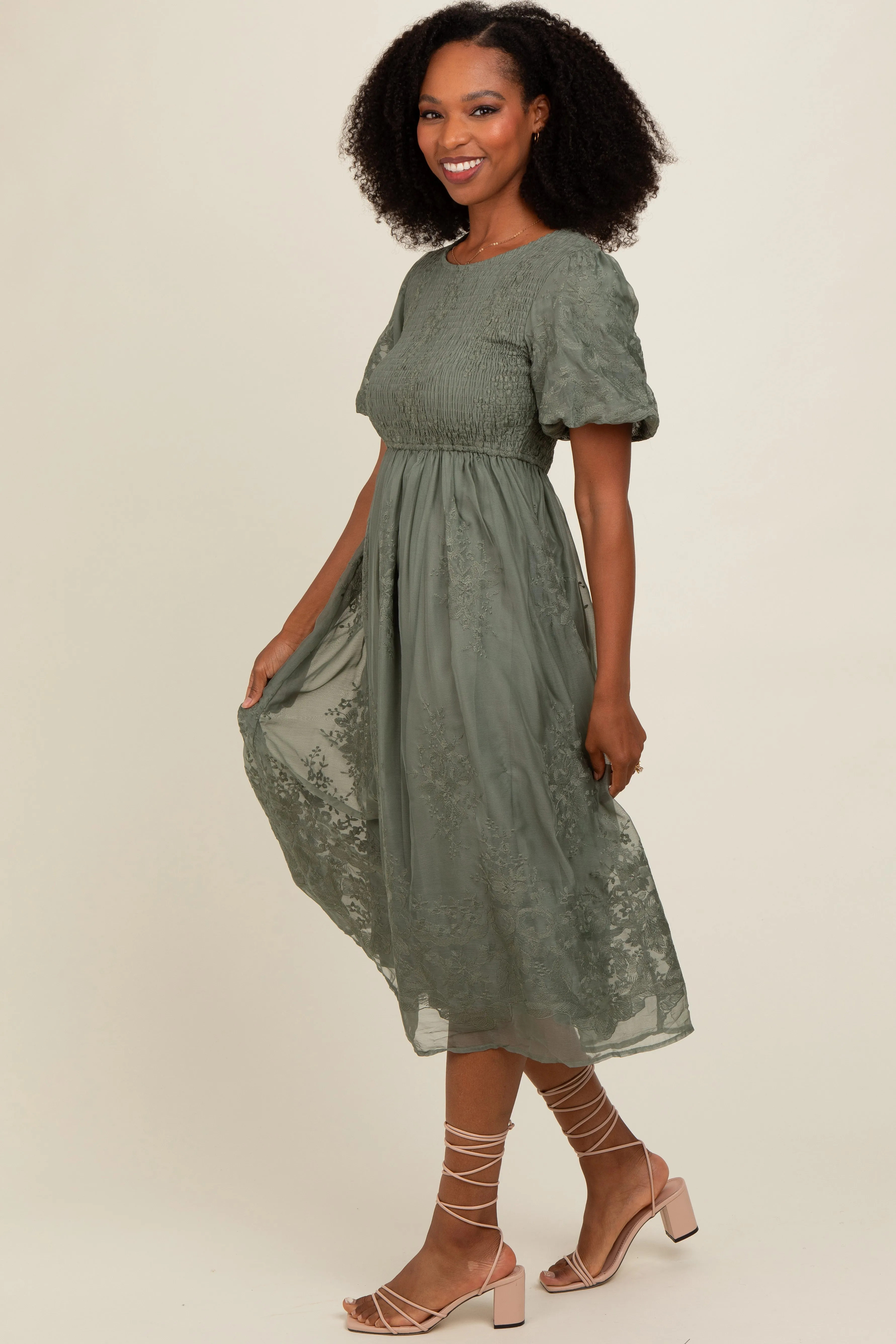 Olive Floral Lace Smocked Midi Dress sold by Pinkblush product image thumbnail 3