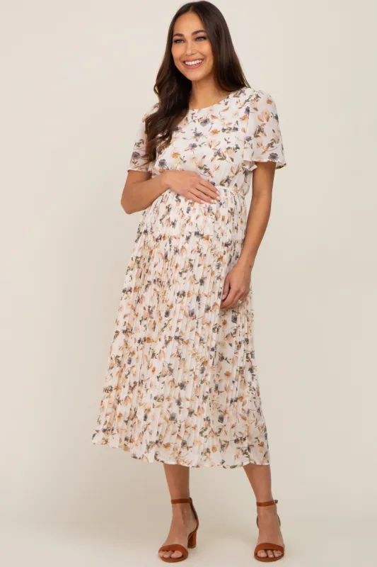 Ivory Floral Chiffon Pleated Short Sleeve Maternity Midi Dress sold by Pinkblush