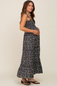 Black Floral Smocked Maternity Maxi Dress sold by Pinkblush
