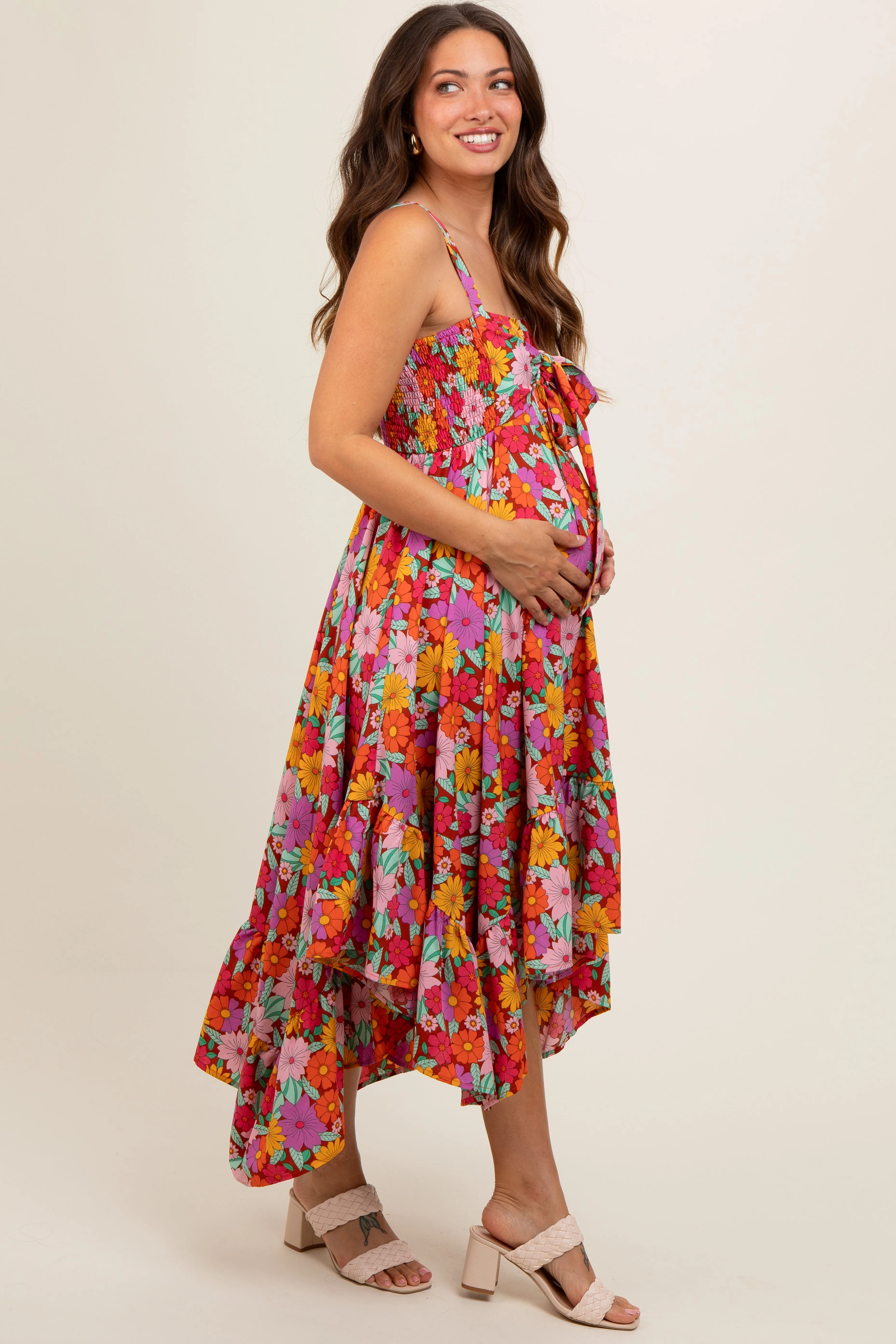 Orange Floral Smocked Sleeveless Maternity Midi Dress sold by Pinkblush product image thumbnail 2