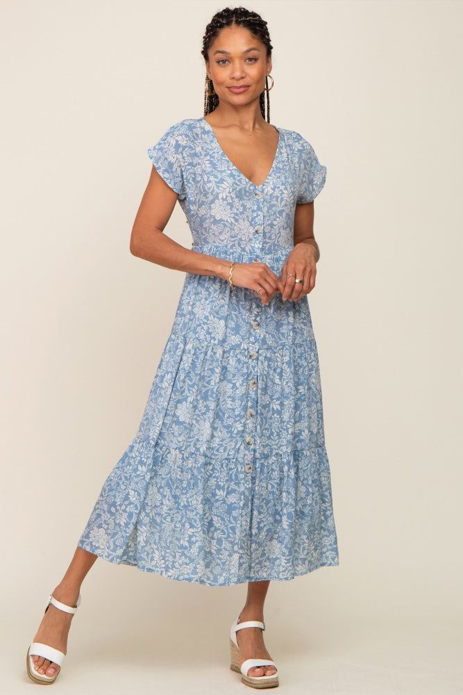 Blue Floral Tiered Button Down Maternity Midi Dress sold by Pinkblush product image thumbnail 5