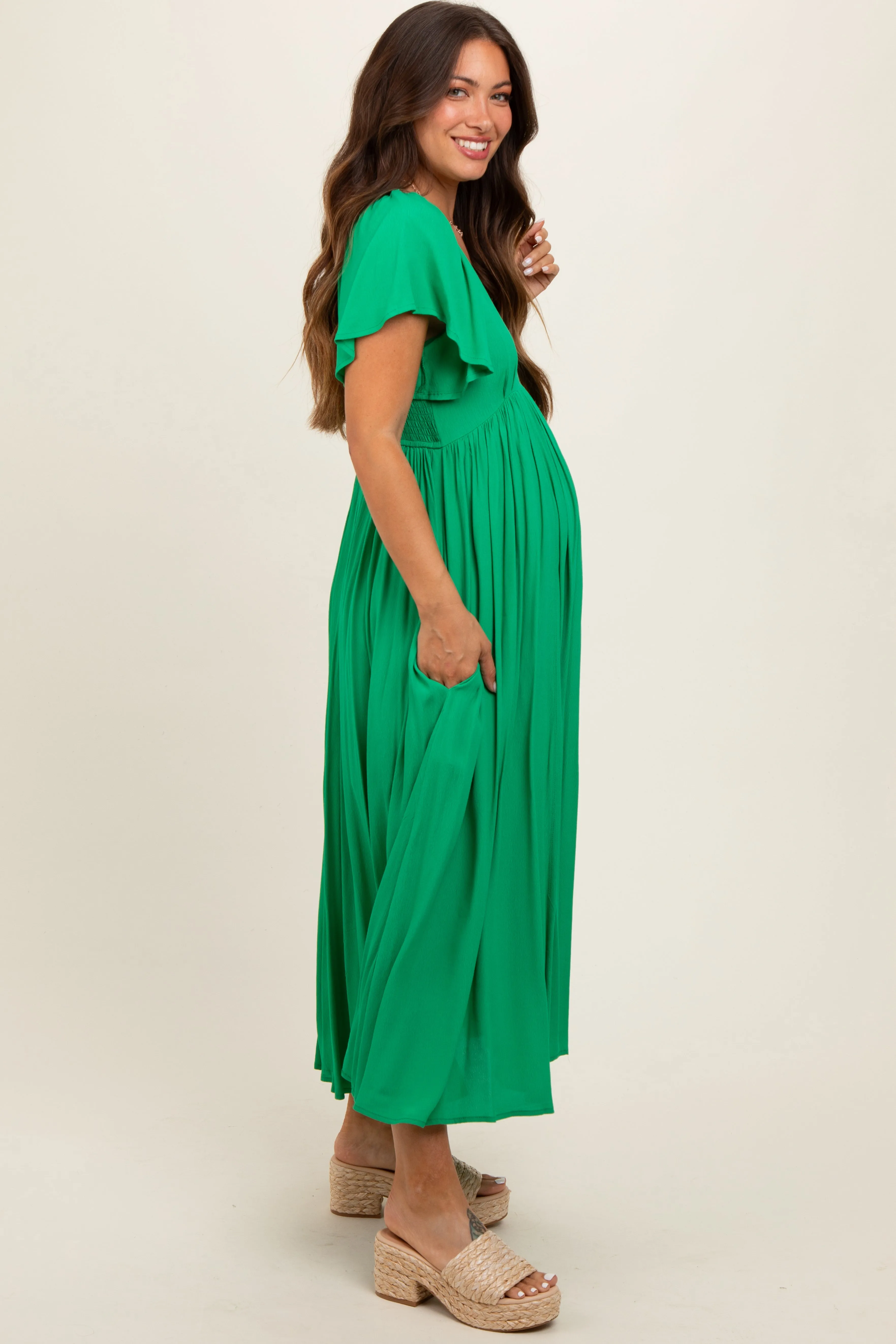 Green V-Neck Flutter Short Sleeve Maternity Midi Dress sold by Pinkblush product image thumbnail 4