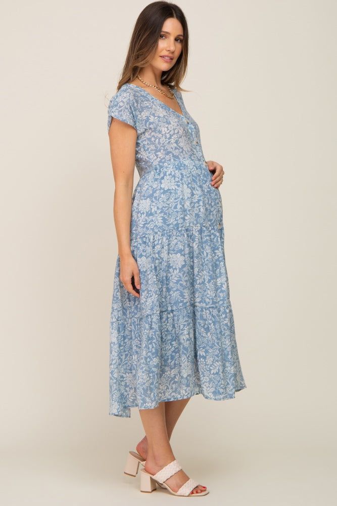 Blue Floral Tiered Button Down Maternity Midi Dress sold by Pinkblush product image thumbnail 2