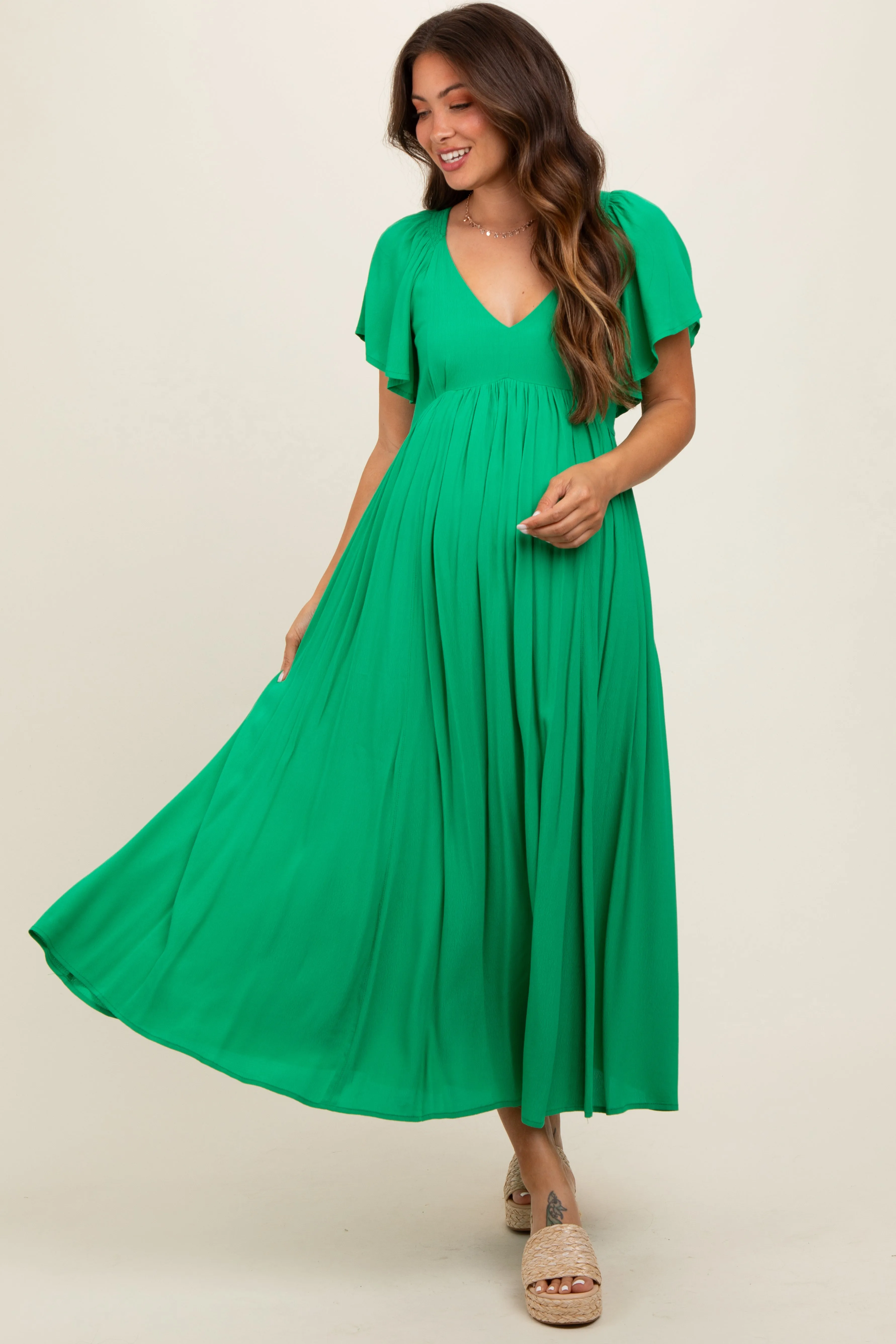 Green V-Neck Flutter Short Sleeve Maternity Midi Dress sold by Pinkblush