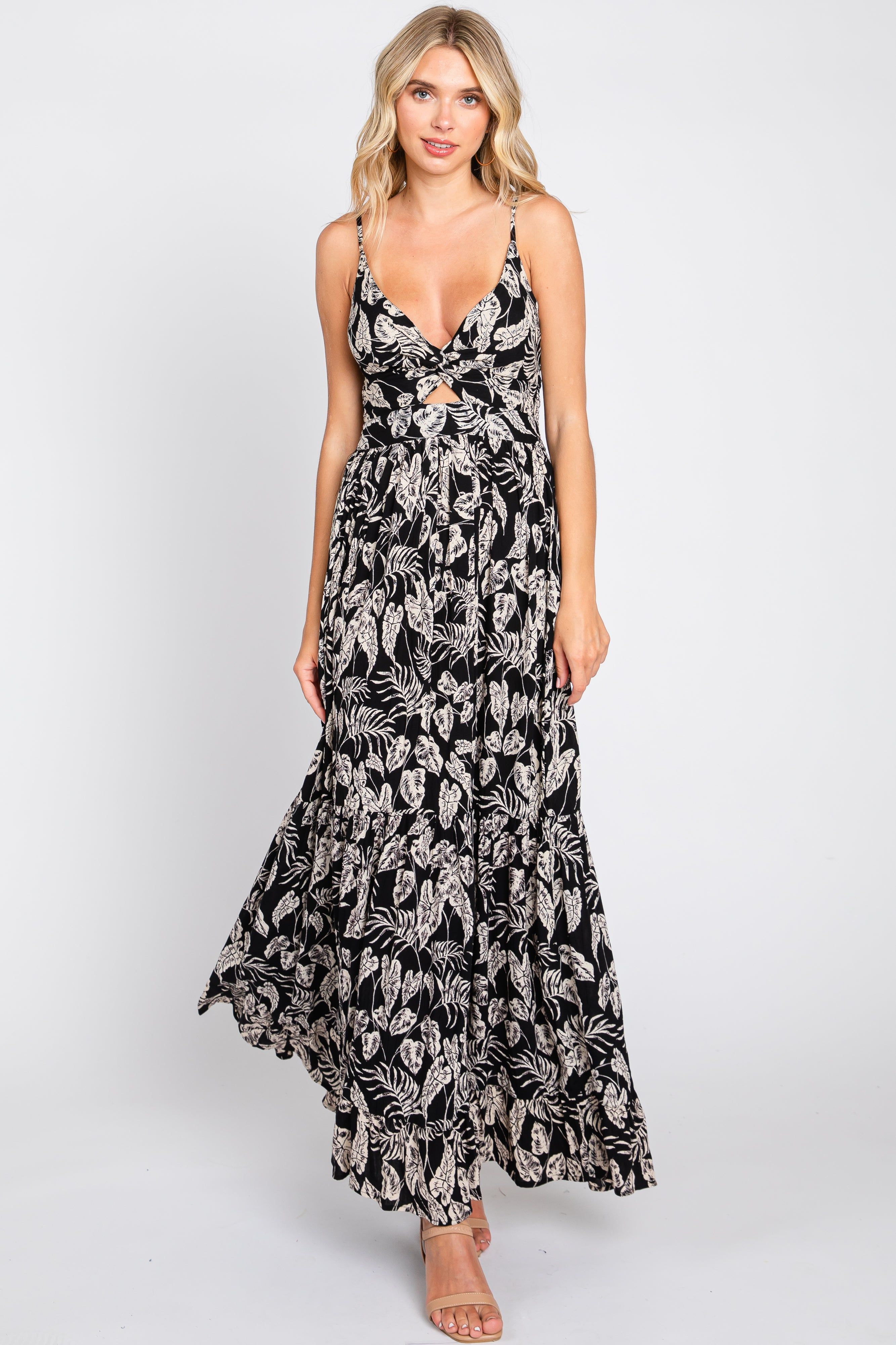 Black Palm Print Front Twist Maxi Dress sold by Pinkblush product image thumbnail 2