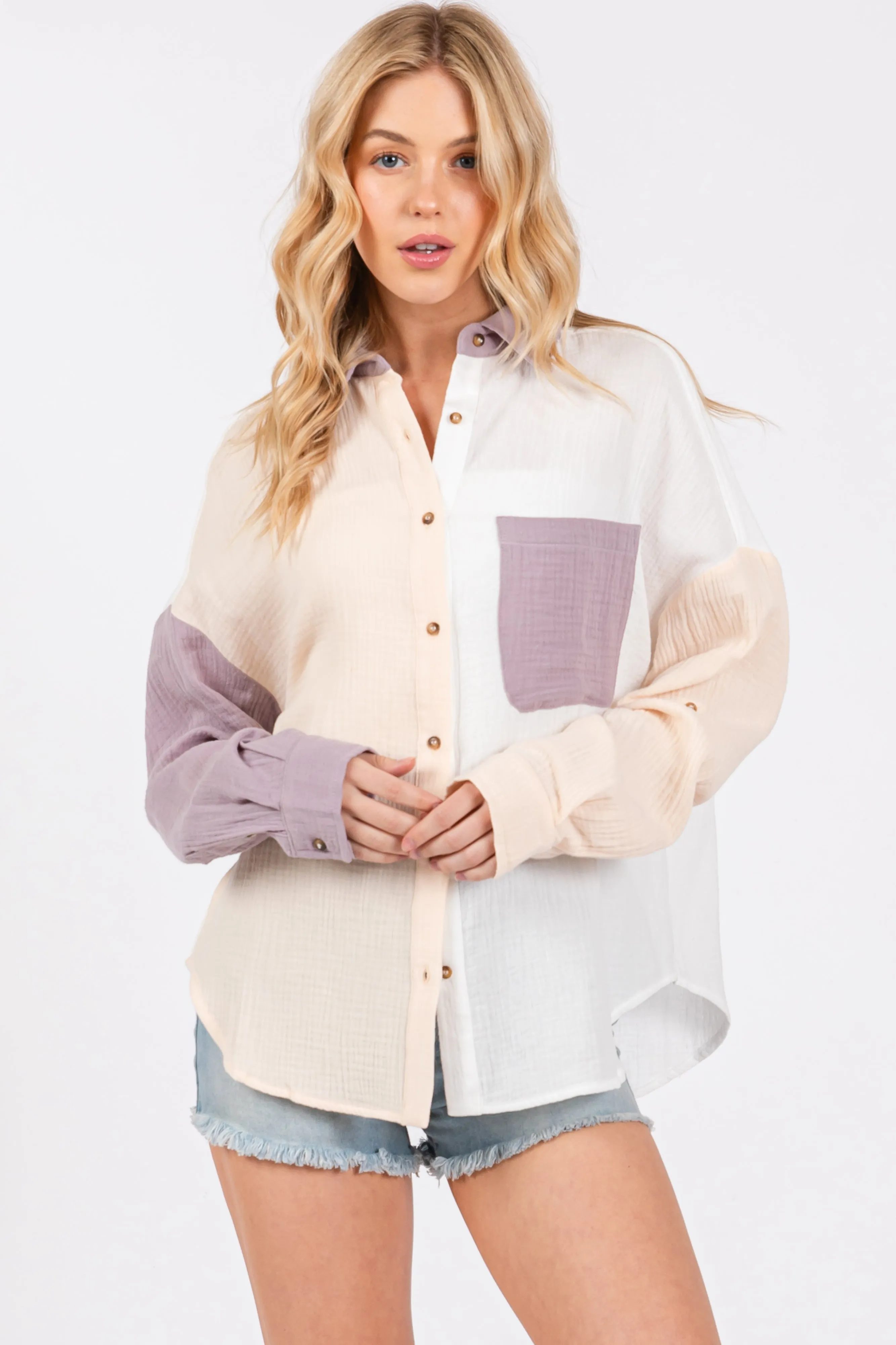 Lavender Lightweight Colorblock Button Up Top sold by Pinkblush