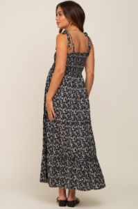 Black Floral Smocked Maternity Maxi Dress sold by Pinkblush