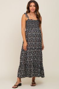 Black Floral Smocked Maternity Maxi Dress sold by Pinkblush